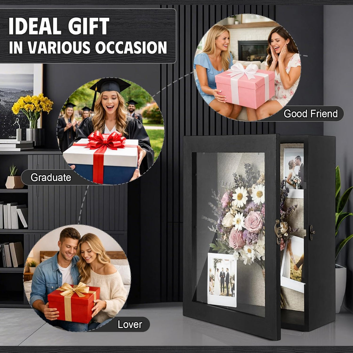 Gerrii Shadow Box Display Case 11 x 13 - Deep 5 Inch Wooden Picture Frame with Linen Back, Removable Shelves, Wooden Memory Case for Wedding Bouquets, Photos, Medals & Keepsakes, Black