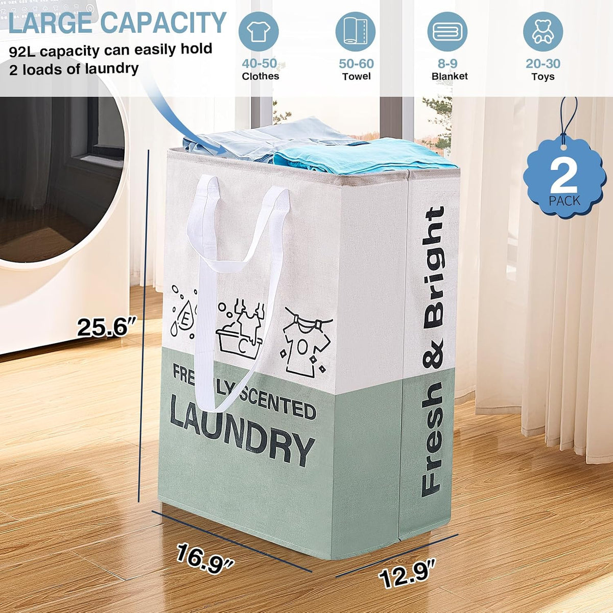 Laundry Baskets, 92L Freestanding Laundry Basket with Handles, Waterproof Tall Collapsible Clothes Hamper for Dorm, Bedroom, Bathroom