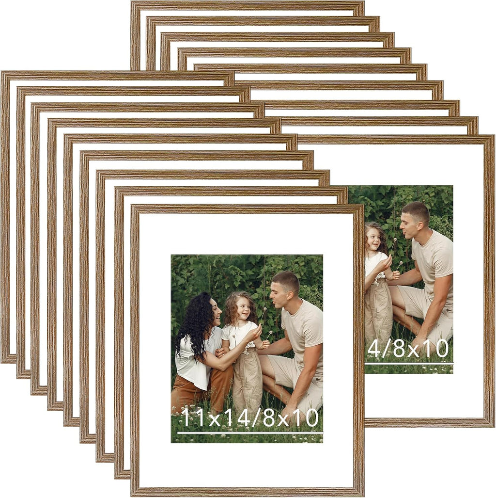 JCJMY 18 Packs 11x14 Picture Frames, Display 8x10 with Mat or 11x14 Without Mat, Gallery Wall Frame Set, 11 by 14 Frames Bulk Set of 18 Collage Wall Decor Photo Frames for Wall Hanging, Rustic Brown