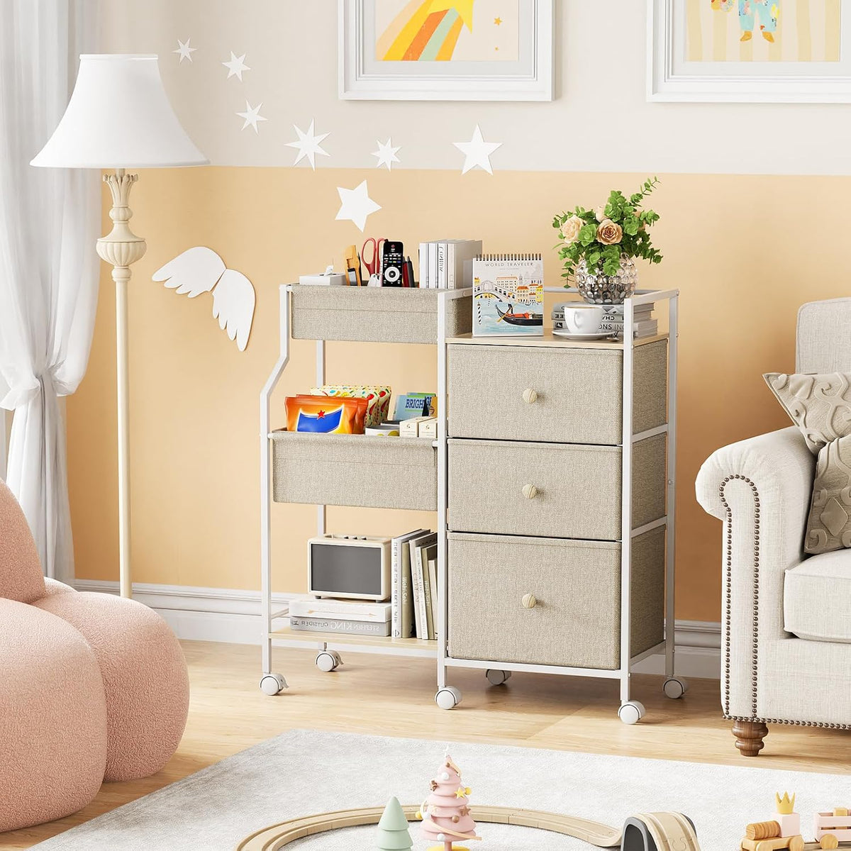 Modanais Baby Diaper Caddy Organizer Rolling Cart with Drawers, Off White