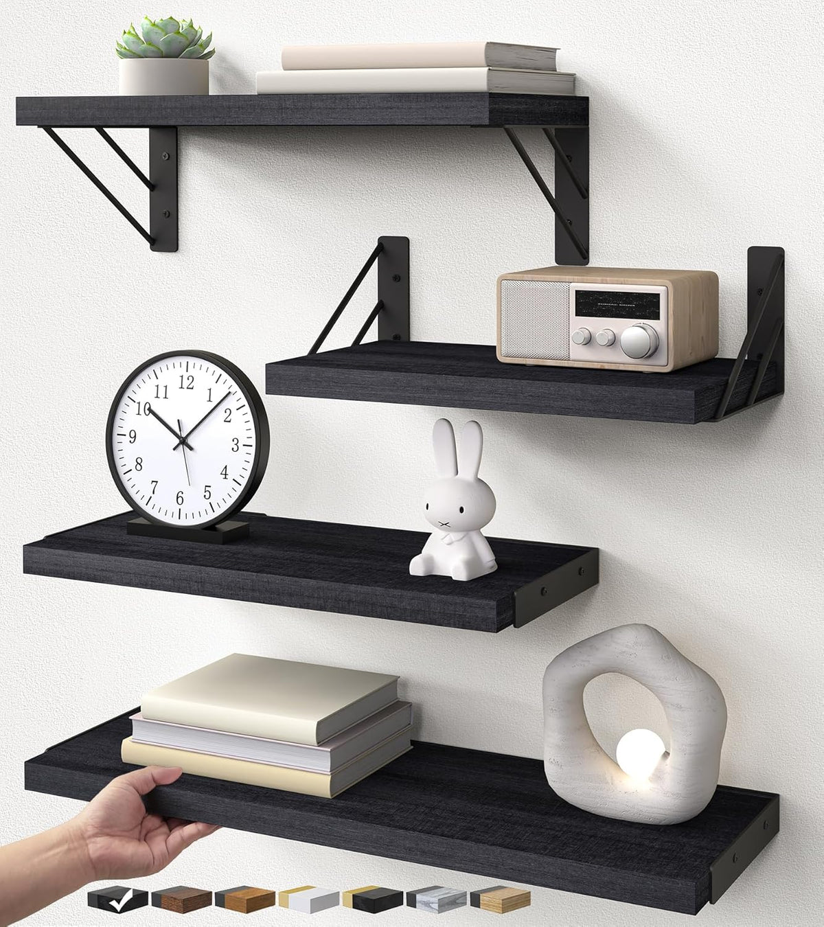 BAYKA Wall Mounted Black Floating Shelves for Wall (Set of 4, 16.5" Mixed)