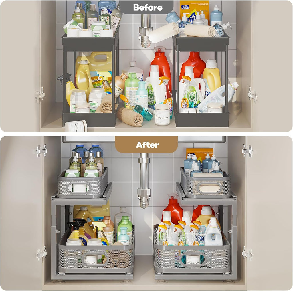 2 Pack 18.5IN-Depth Under Sink Organizer With Next-Gen Ball-Bearing Slides,2-Tier Precision Mesh Pull Out Cabinet Storage for Bathroom&Kitchen,Height Adjustable Drawers Shelf,Anti-rust-Grey