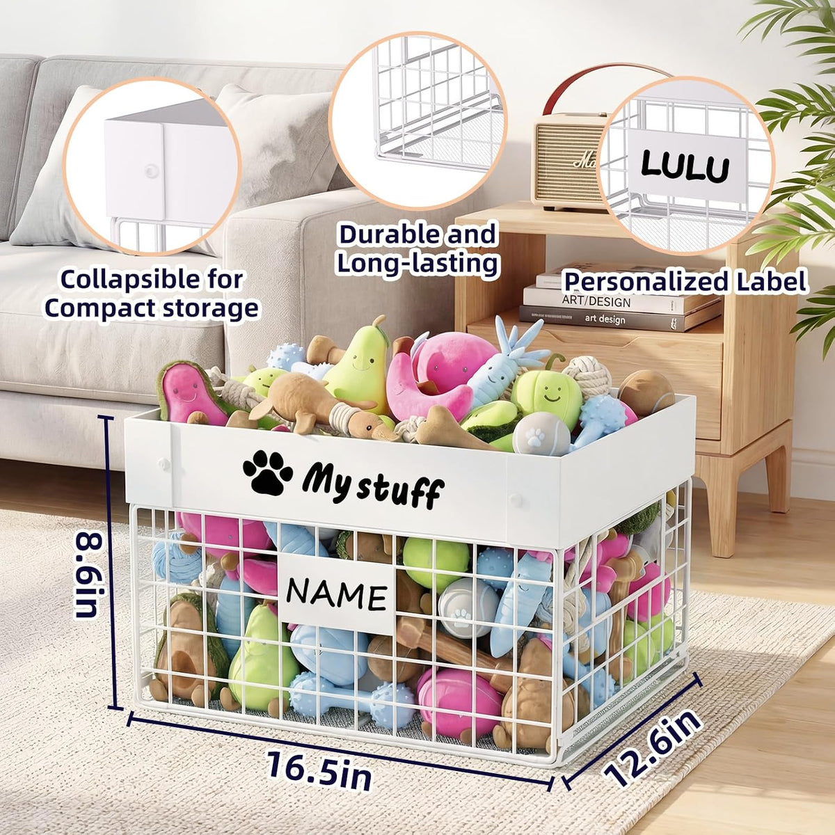 Kaiferty Indestructible Large Dog Toy basket, Chew-Proof Medium Toy Bin for Dogs, Pet Toy Bin Dog Metal Basket for Toys, Puppy Toy Storage Organizer Blankets, Toy Box for Living Room Area (White)