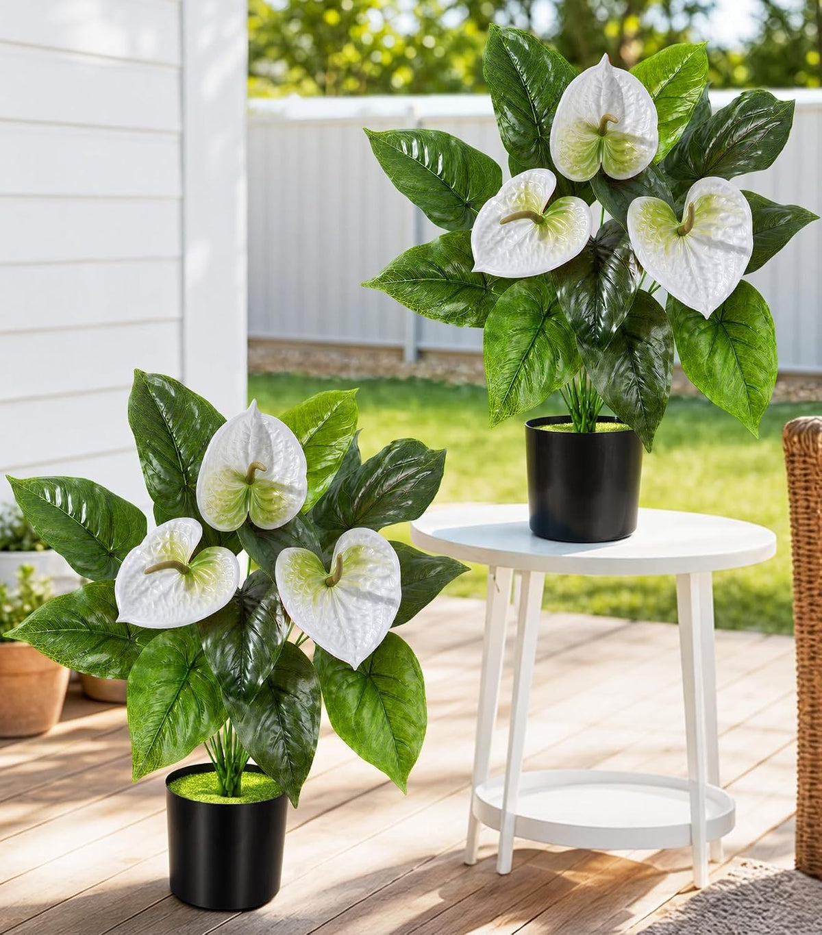 Anthurium Artificial Flowers with Pots, 2 Pack Fake Flowers Potted Faux Outdoor Plants, UV Resistant Realistic Faux Tropical Greenery for Planters Inside Porch Patio Yard (White, 21.6")