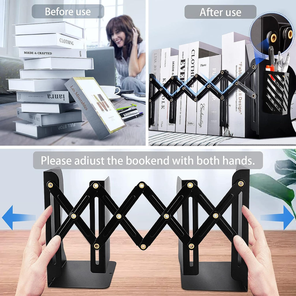 2PCS Heavy Duty Book Ends to Hold Books with Pen Holder, Adjustable Bookends, Metal Book Ends for Shelves, Black Book Holders Binder Organizer for Bookshelf Desk