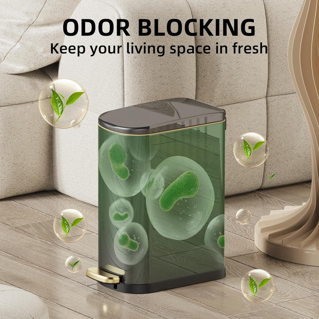 2.6 Gal Bathroom Trash Can with Soft Close Stay Open Lid, Small Rectangular 10L Stainless Steel Waste bin for Narrow Space, Waterproof, Titanium Black
