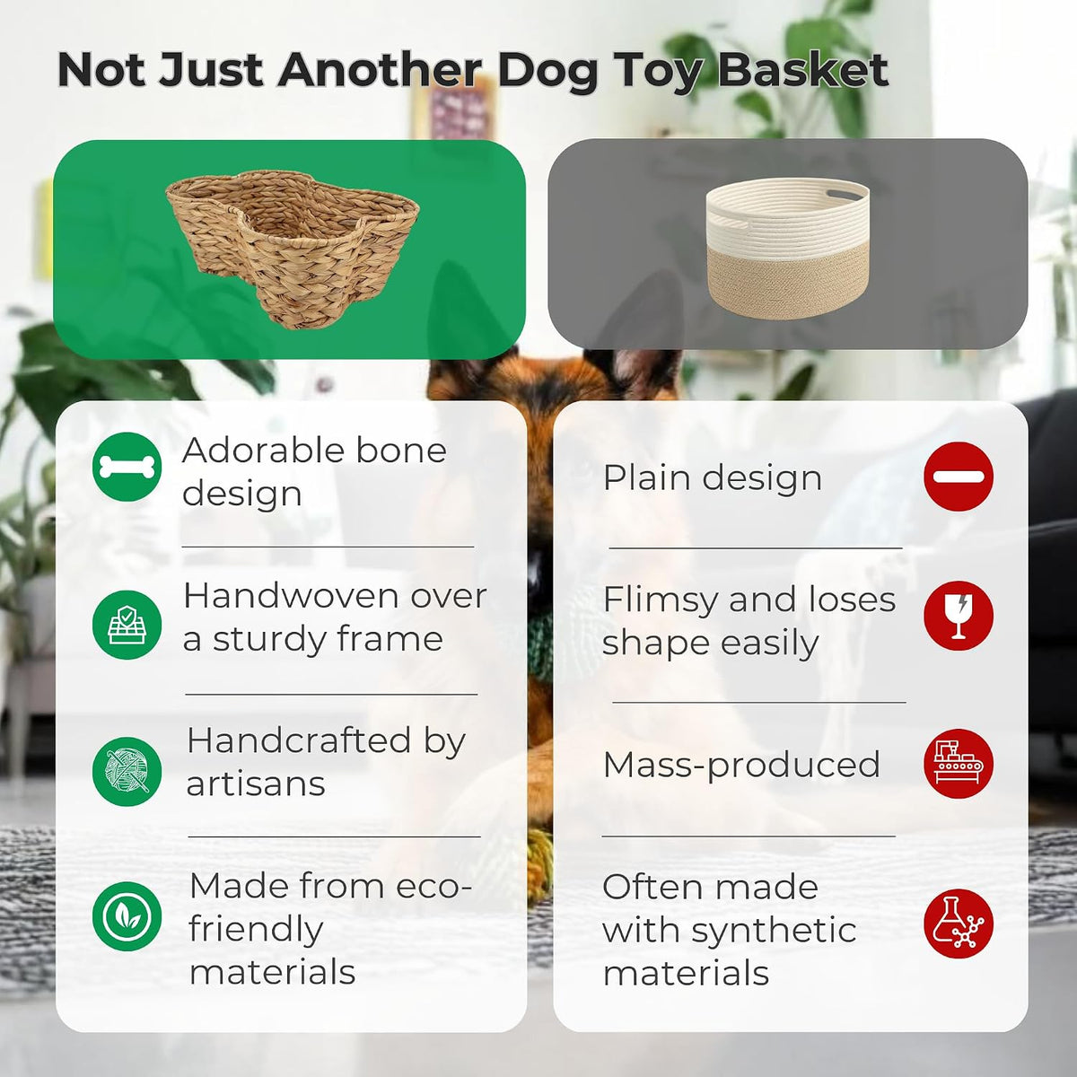 OtterPets Dog Toy Basket, Hyacinth Bone Shaped Dog Toy Bin, 17x13