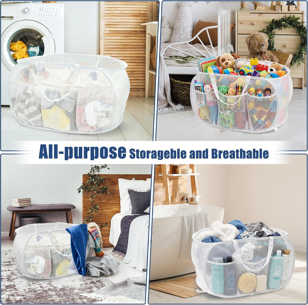 Collapsible Laundry Baskets, Upgrade Pop Up Laundry Hamper with Convenient Bags, Foldable Laundry Basket Mesh Light Weight, Easy to Carry Clothes Hampers for Laundry, Dorm, Toys, Travel White