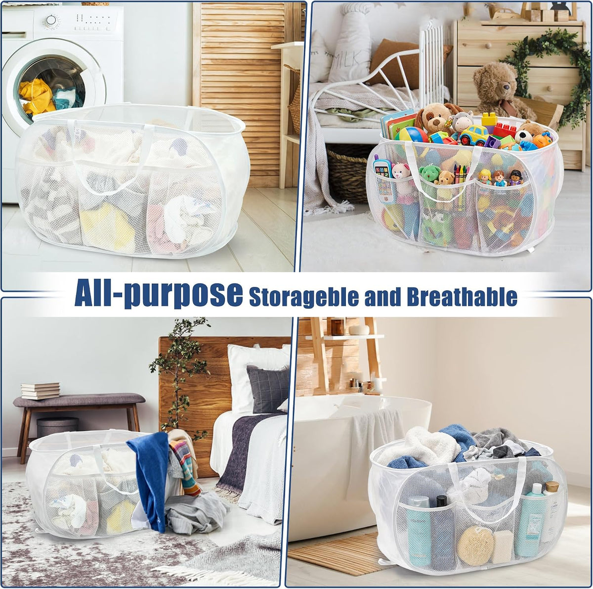 Collapsible Laundry Baskets, Upgrade Pop Up Laundry Hamper with Convenient Bags, Foldable Laundry Basket Mesh Light Weight, Easy to Carry Clothes Hampers for Laundry, Dorm, Toys, Travel White