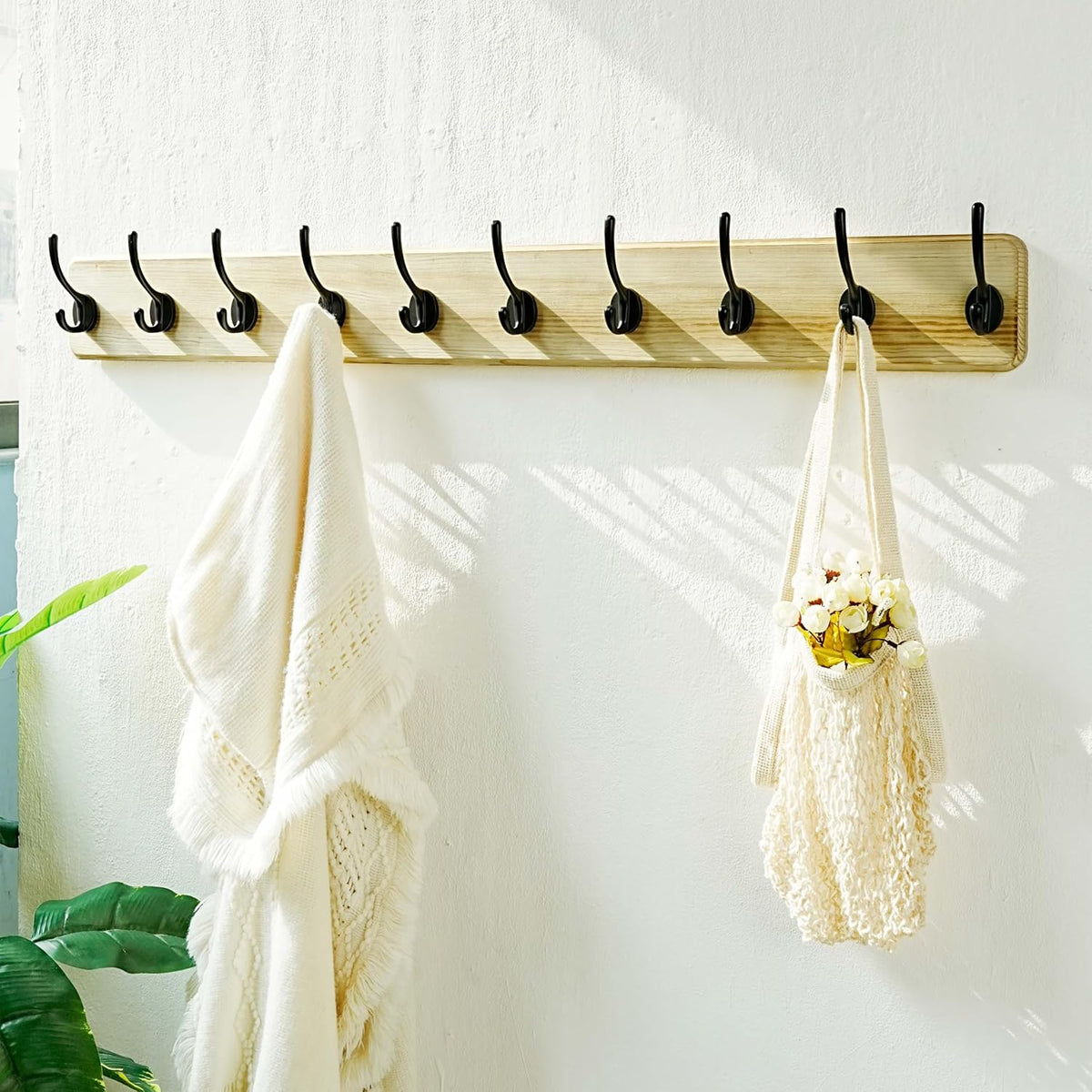 Dseap Coat Rack Wall: 38-1/4" Long, Patented, Heavy-Duty, 10-Double-Hooks Wooden Wall Mounted Coat Rack Coat Hanger Hook Rail for Winter Coats Hat Jacket Clothing, Light Brown, Pack of 2