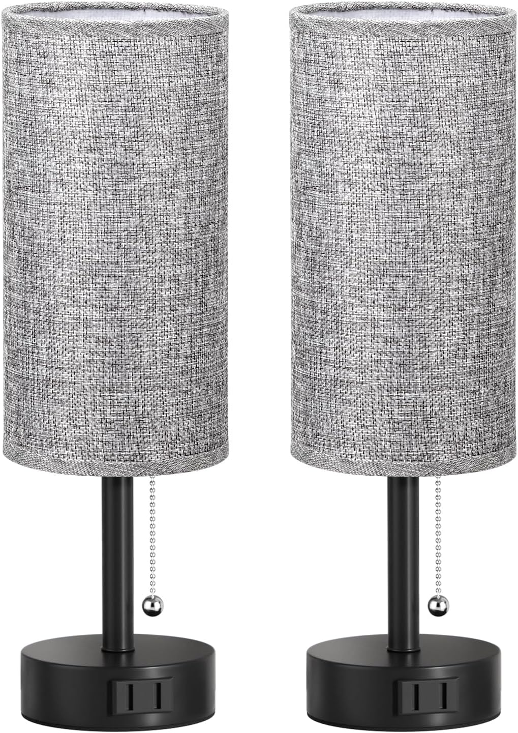 Grey Bedside Table Lamps Set of 2 - Bedroom Lamp for Desk, AC Outlet