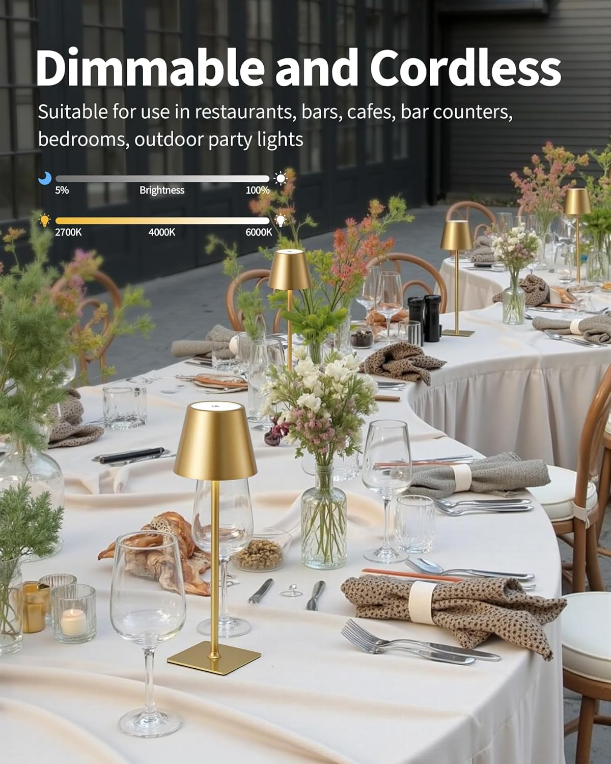 KDG Gold Cordless Table Lamps Set of 2, 4000mAh Rechargeable LED Desk Lamp