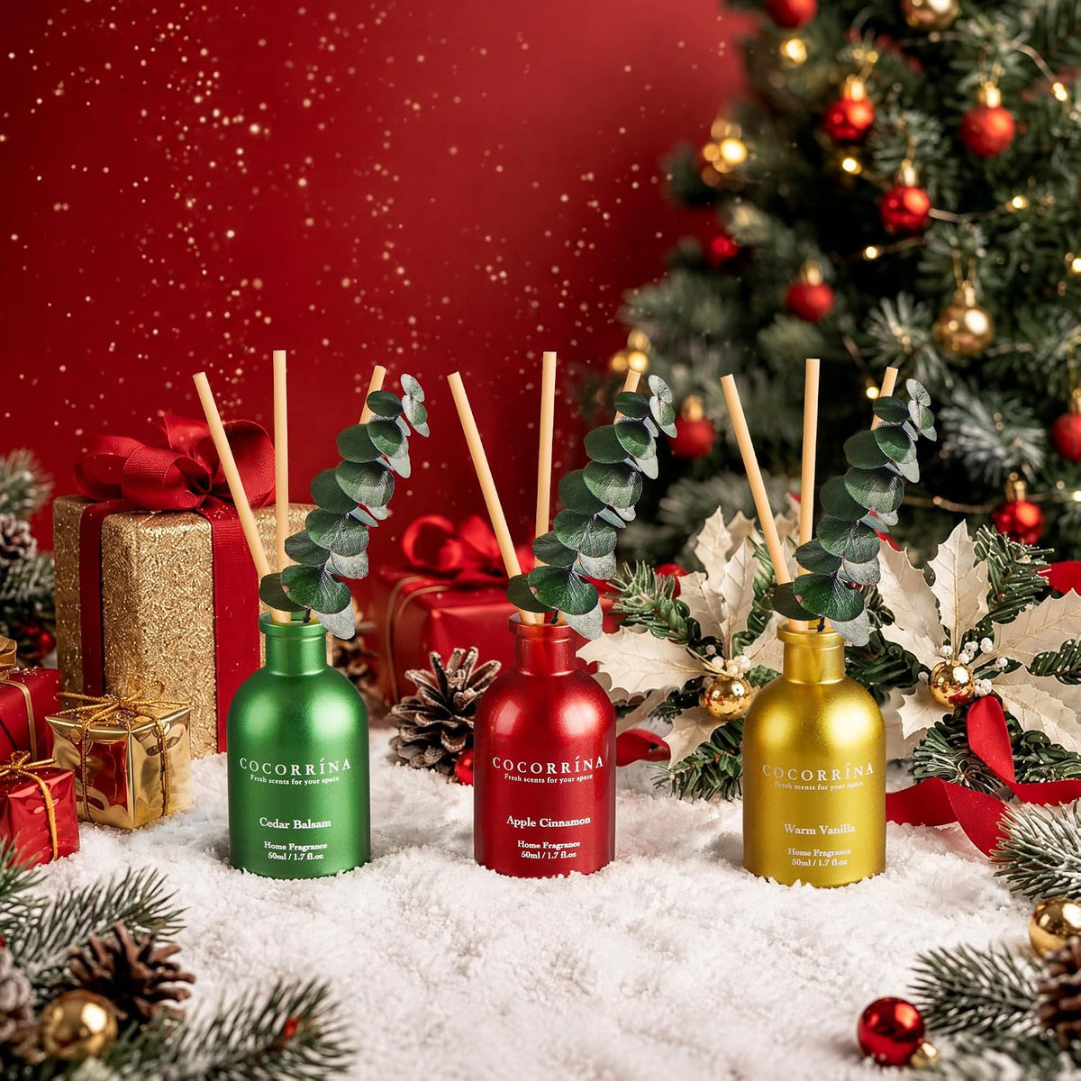 COCORRÍNA Christmas Reed Diffuser Set of 3 with Dried Eucalyptus