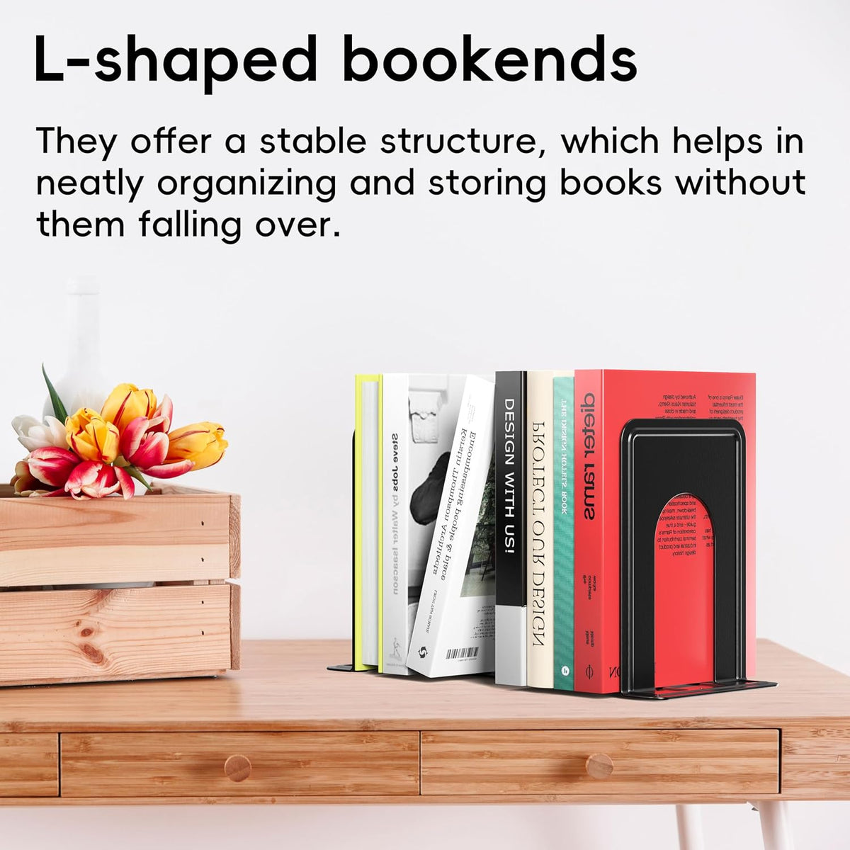 Optomni Bookends, Book End Supports Heavy Duty Metal Bookend Support, Book Ends Supports for Shelves Decor Home Office School (2 Pairs/4 Pieces, Black)