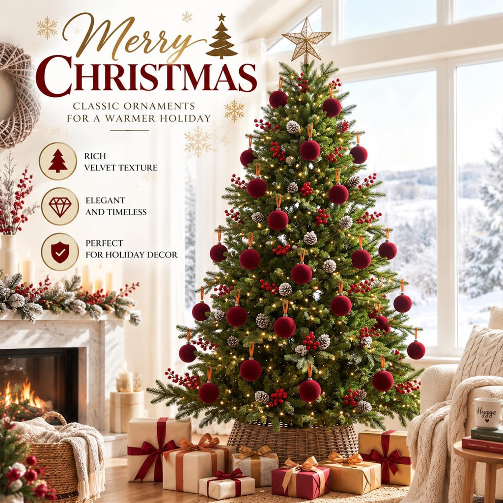3.15" Burgundy Velvet Christmas Ball Ornaments Set, 16 pcs Flocked Red Xmas Tree Decoration, Large Shatterproof Decorative Hanging Balls for Party Holiday Wreath Garland Home Décor