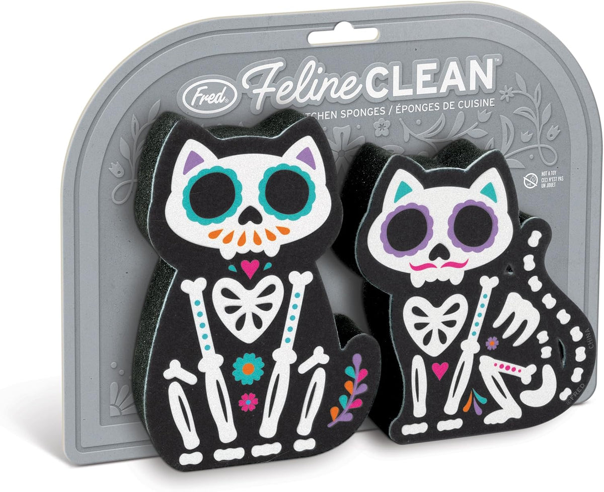 Genuine Fred Feline Clean Kitchen Sponges, Set of 2, Day of the Dead-Inspired Cat-Shaped Sponges, Fun and Quirky Kitchen Accessory