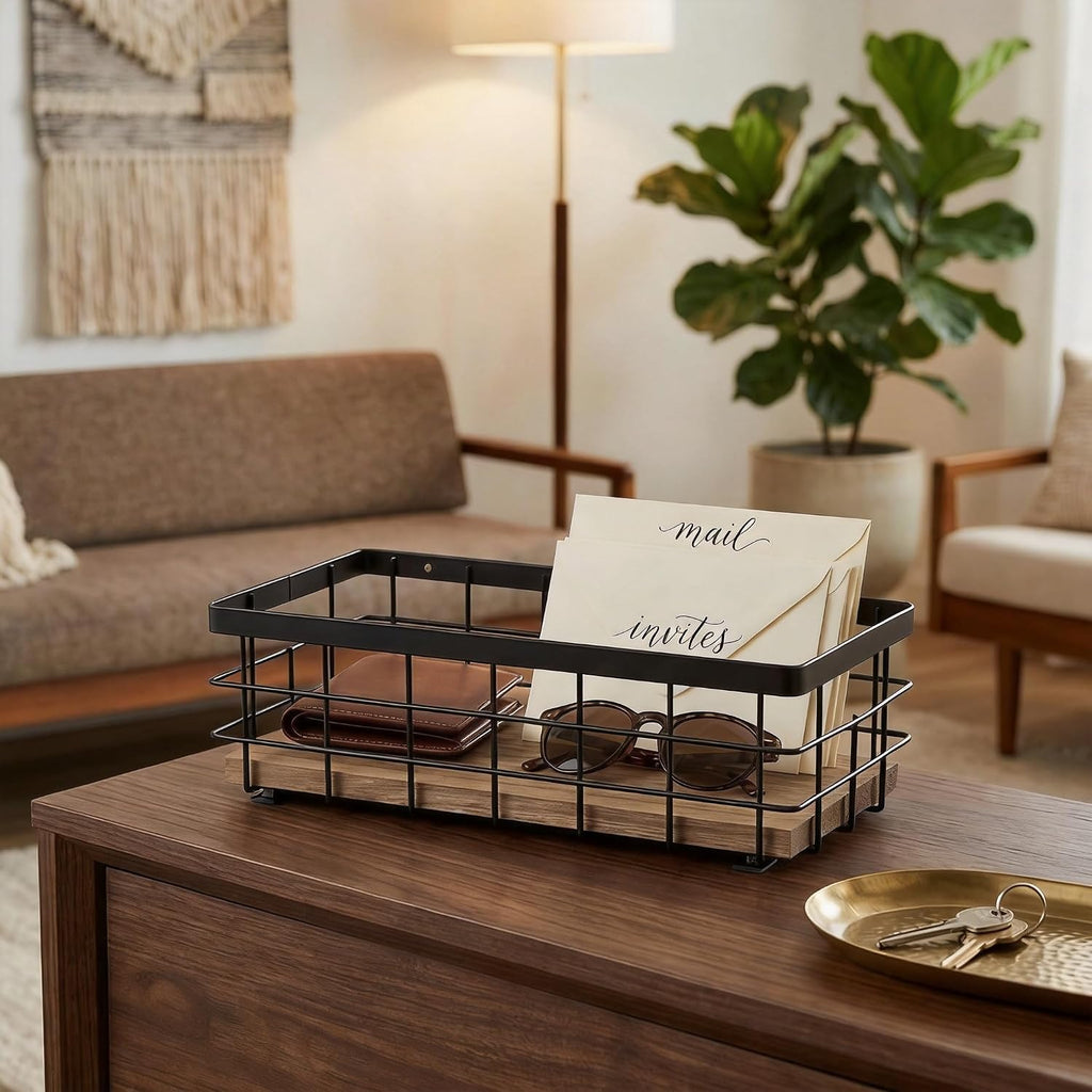 TJ.MOREE Small Metal Wire Basket, Decorative Wood Base Organizer for Bathroom, Kitchen, Basket for Toilet Paper Storage, Sugar Packet, Coffee Syrup, Guest Towel, Napkin