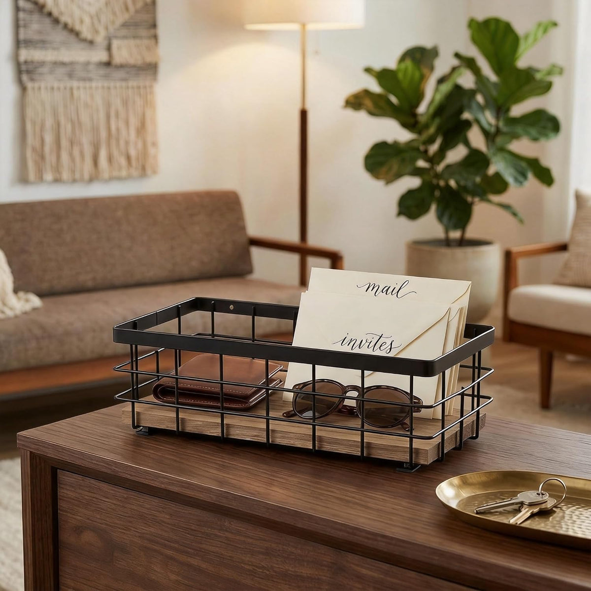 TJ.MOREE Small Metal Wire Basket, Decorative Wood Base Organizer for Bathroom, Kitchen, Basket for Toilet Paper Storage, Sugar Packet, Coffee Syrup, Guest Towel, Napkin