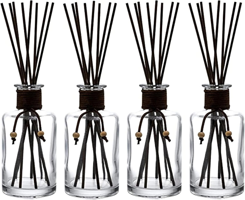 WHOLE HOUSEWARES Set of 4 Diffuser Bottles with Sticks - 7.5oz Empty Glass Diffuser Bottle for Essential Oils - Oil Diffusers Container with 32pcs Reed Sticks for Aromatherapy and Home Fragrance