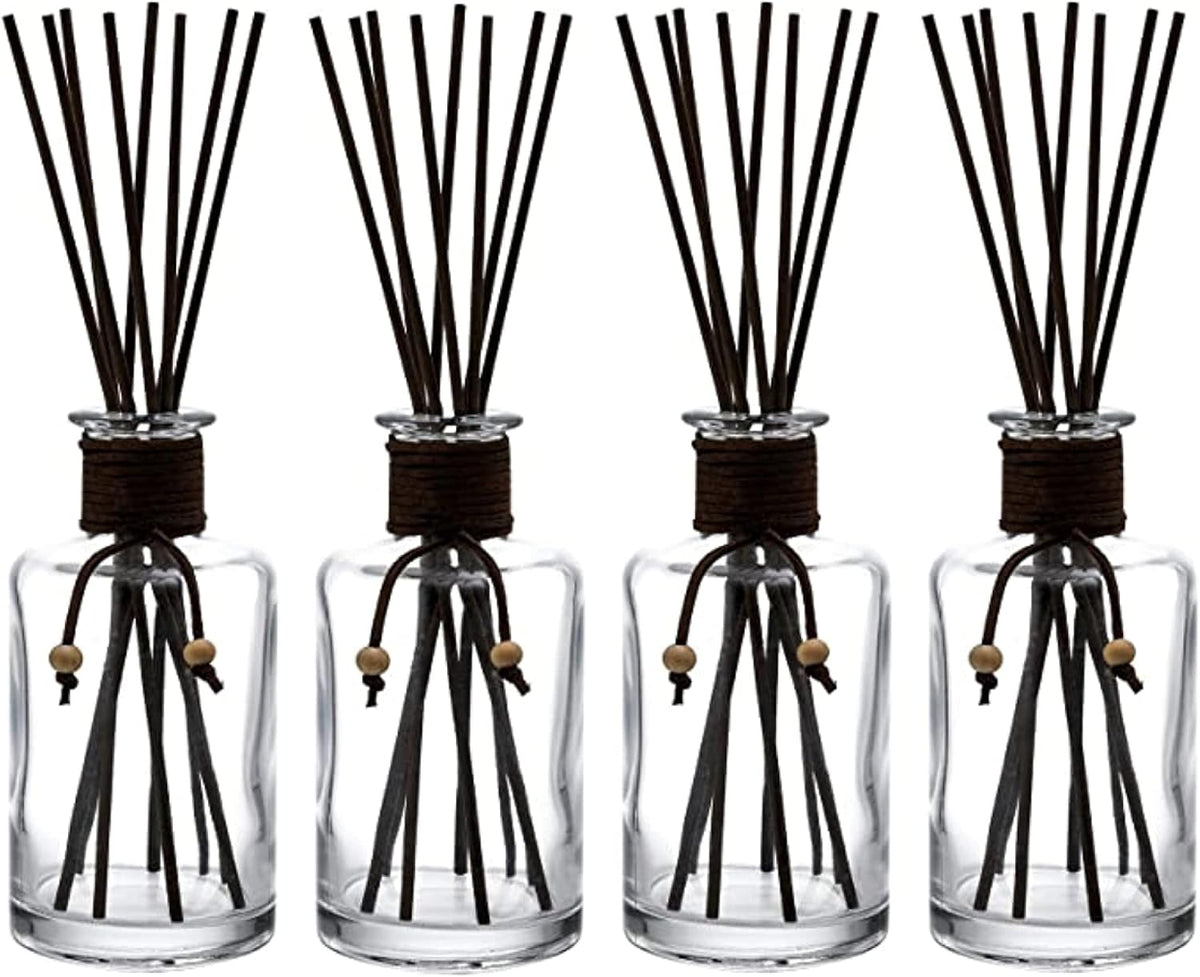 WHOLE HOUSEWARES Set of 4 Diffuser Bottles with Sticks - 7.5oz Empty Glass Diffuser Bottle for Essential Oils - Oil Diffusers Container with 32pcs Reed Sticks for Aromatherapy and Home Fragrance