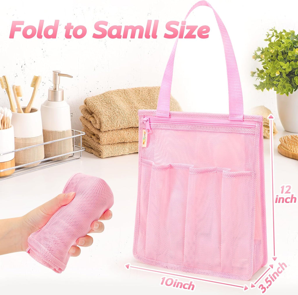 famichan Mesh Shower Caddy Portable, Gym Travel Camp Dorm Room Essentials for Women and College Girl, Pink Bathroom Shower Bag
