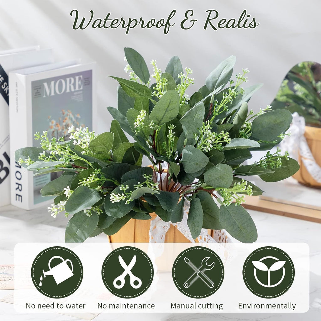 Hoteam 180 Pcs Eucalyptus Stems Decor Artificial Eucalyptus Leaves Greenery Stems Artificial Silver Dollar with White Seeds Grey Green Short Faux Leaves Branches for Wedding Bouquet Farmhouse Decor