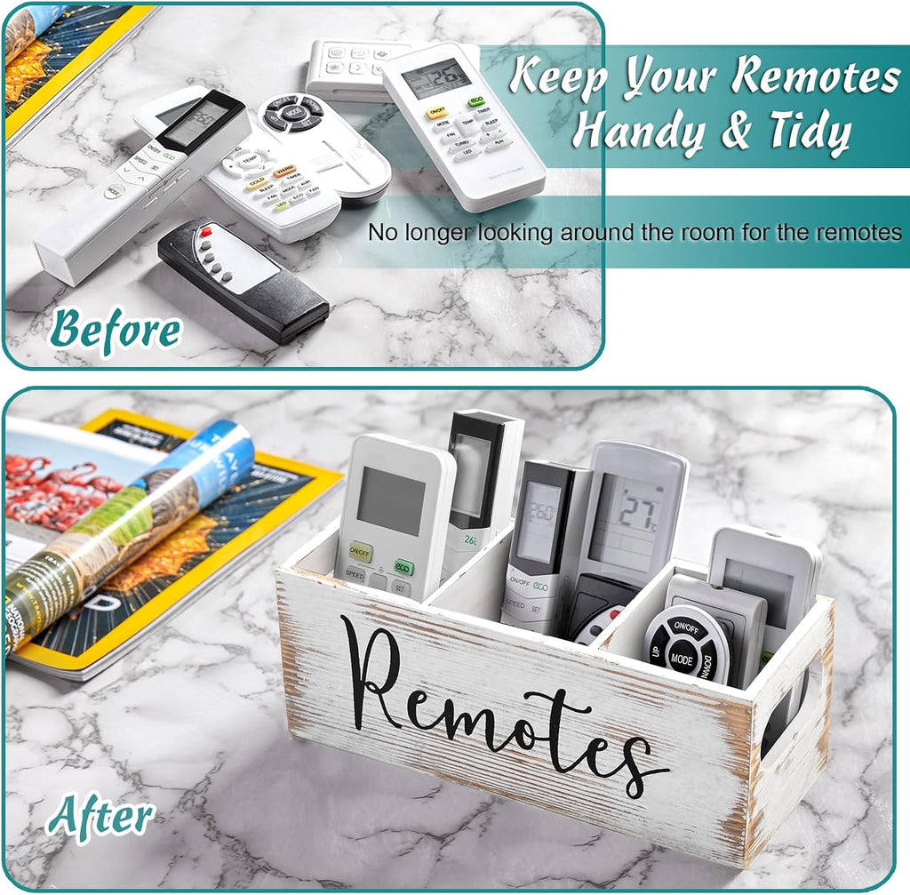 DRASTAR Remote Control Holder, 3 Slots Wood Remote Storage Caddy, Remote Control Organizer Retro White