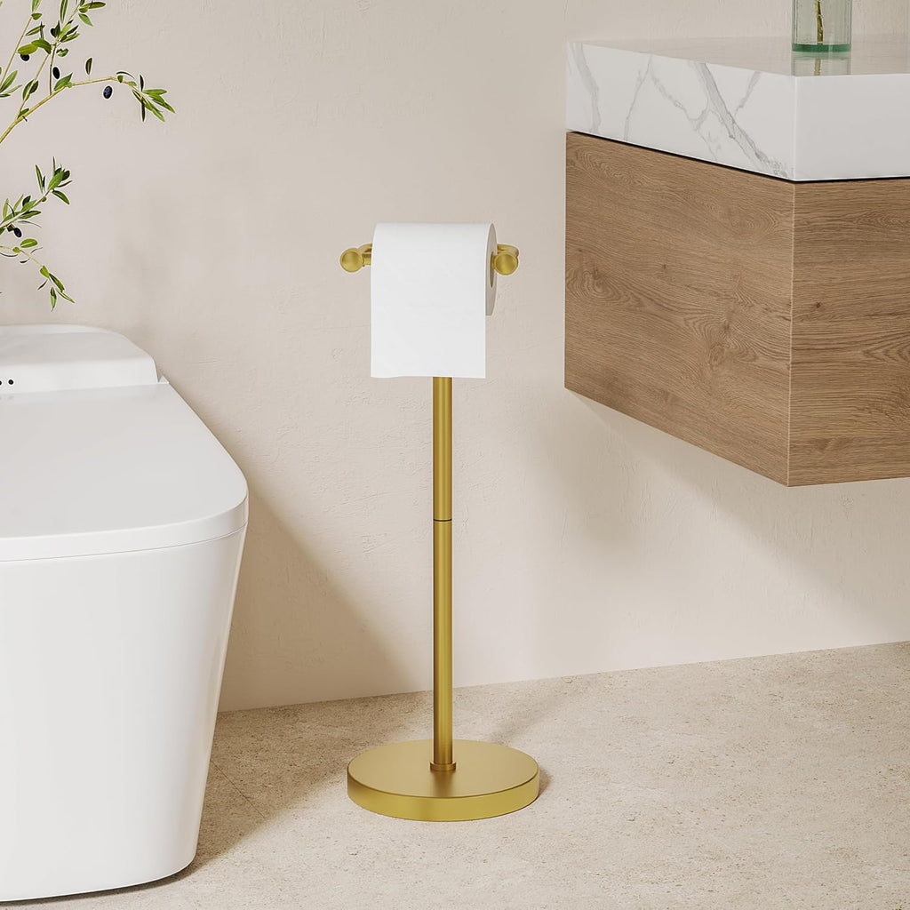 Toilet Paper Holder Stand, Modern Bathroom Free Standing Toilet Paper Roll Holder, Post Pivoting Toilet Paper Stand with Stainless Steel Tissue Rack, Rust-Proof & Heavy Stable Base（Brushed Gold）