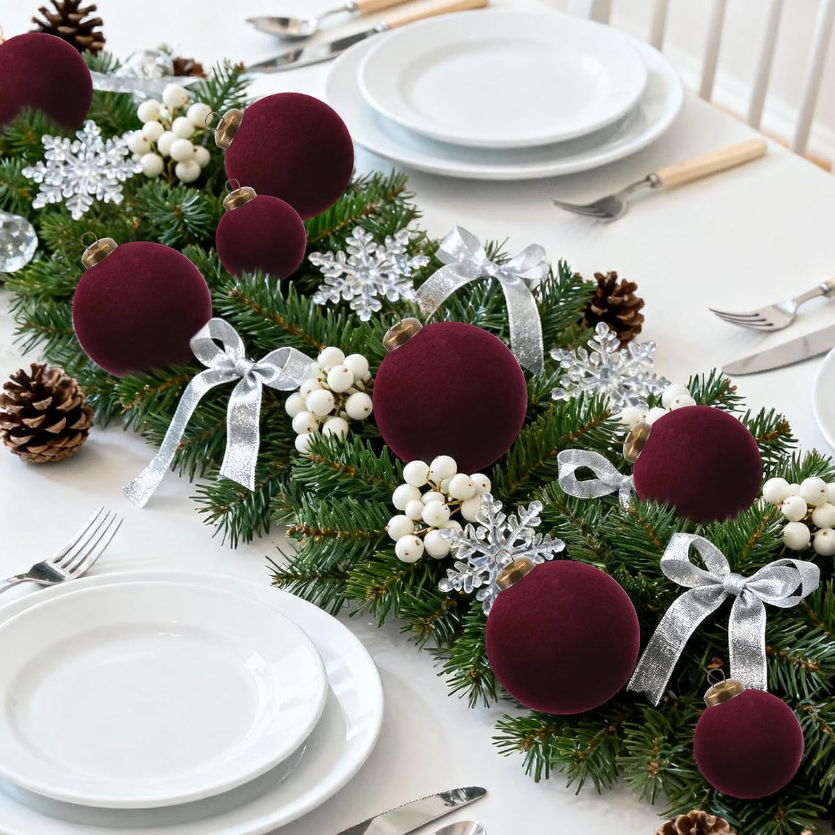 12Pcs Burgundy Velvet Ornaments, Flocked Christmas Ball Ornaments