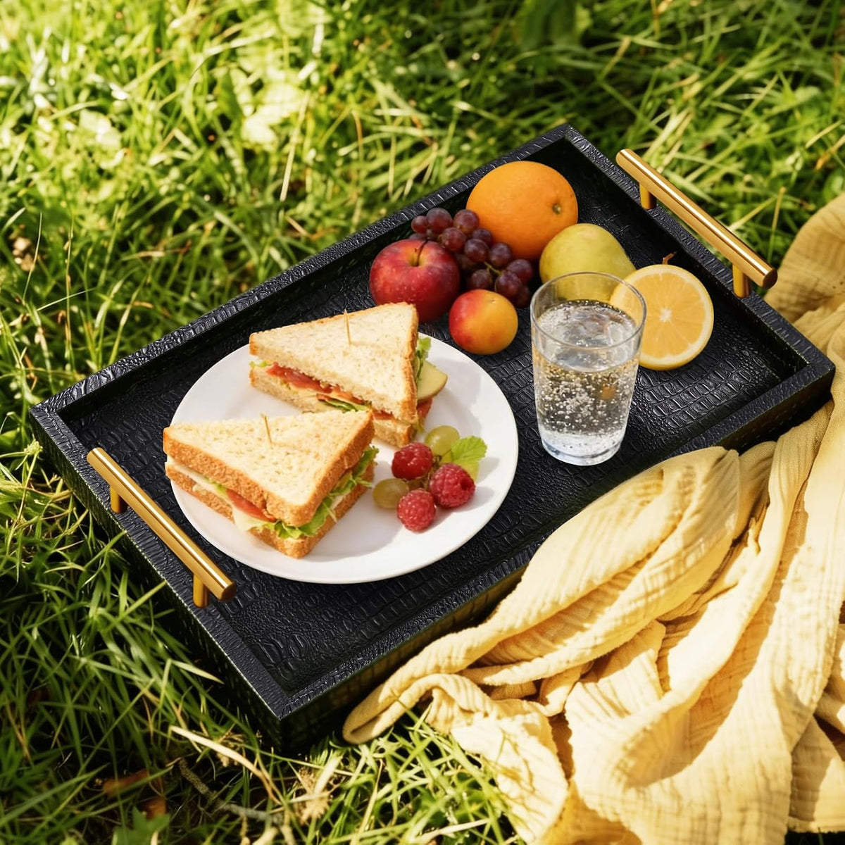 SXNOWS Faux Leather Serving Tray with Gold Handles, Black