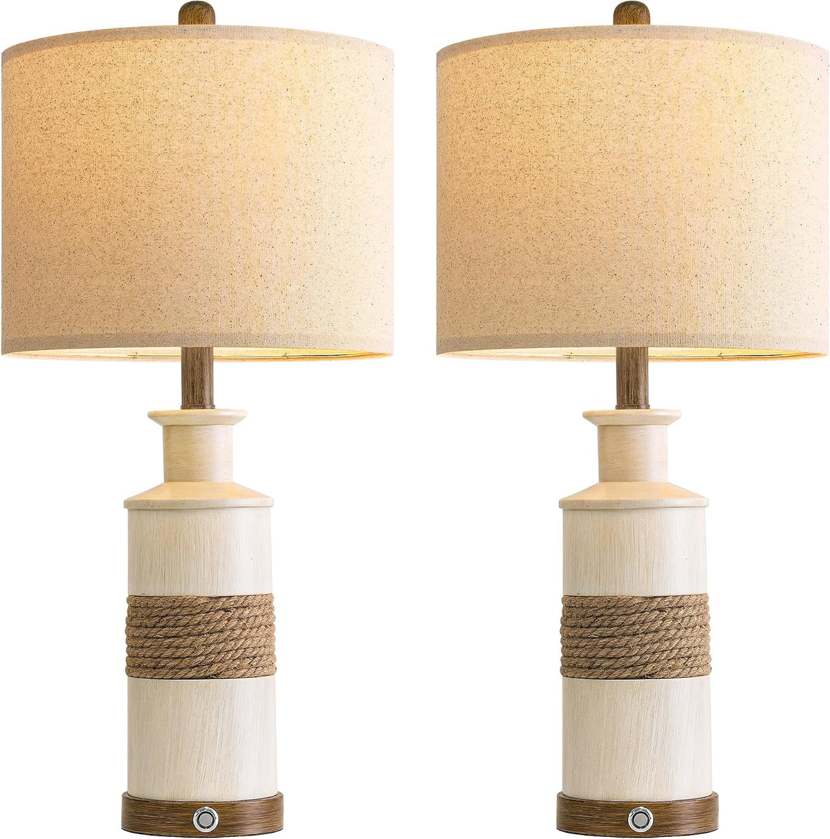 BOBOMOMO 24.5" Farmhouse Boho Table Lamps Set of 2, Hand-Woven Rattan Bedside Lamps with 3-Way Dimmable Touch Control & USB A+C Ports, Nightstand Lamp for Bedroom, Living Room, Corner (Bulbs Included)