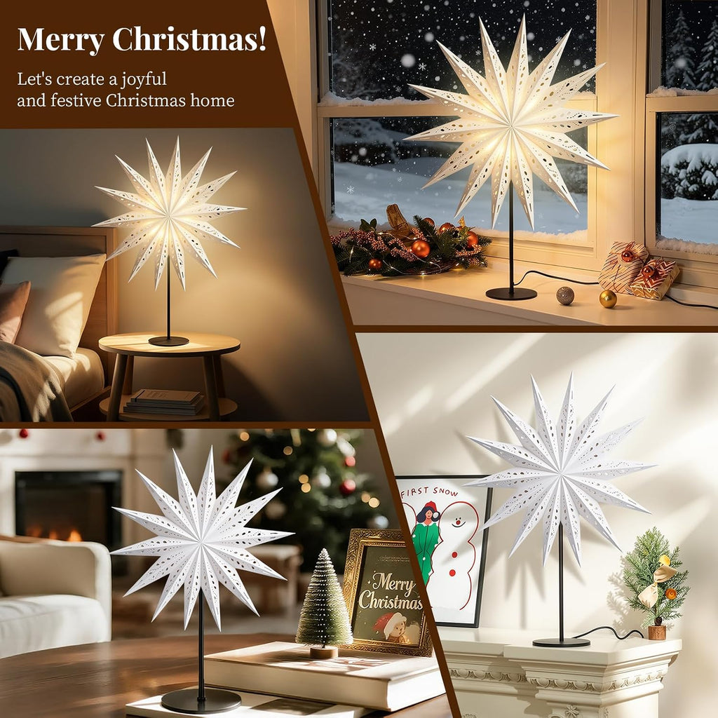 Lewondr 3D Christmas Paper Star Table Lamp, 17.72" 14-pointed Xmas Star