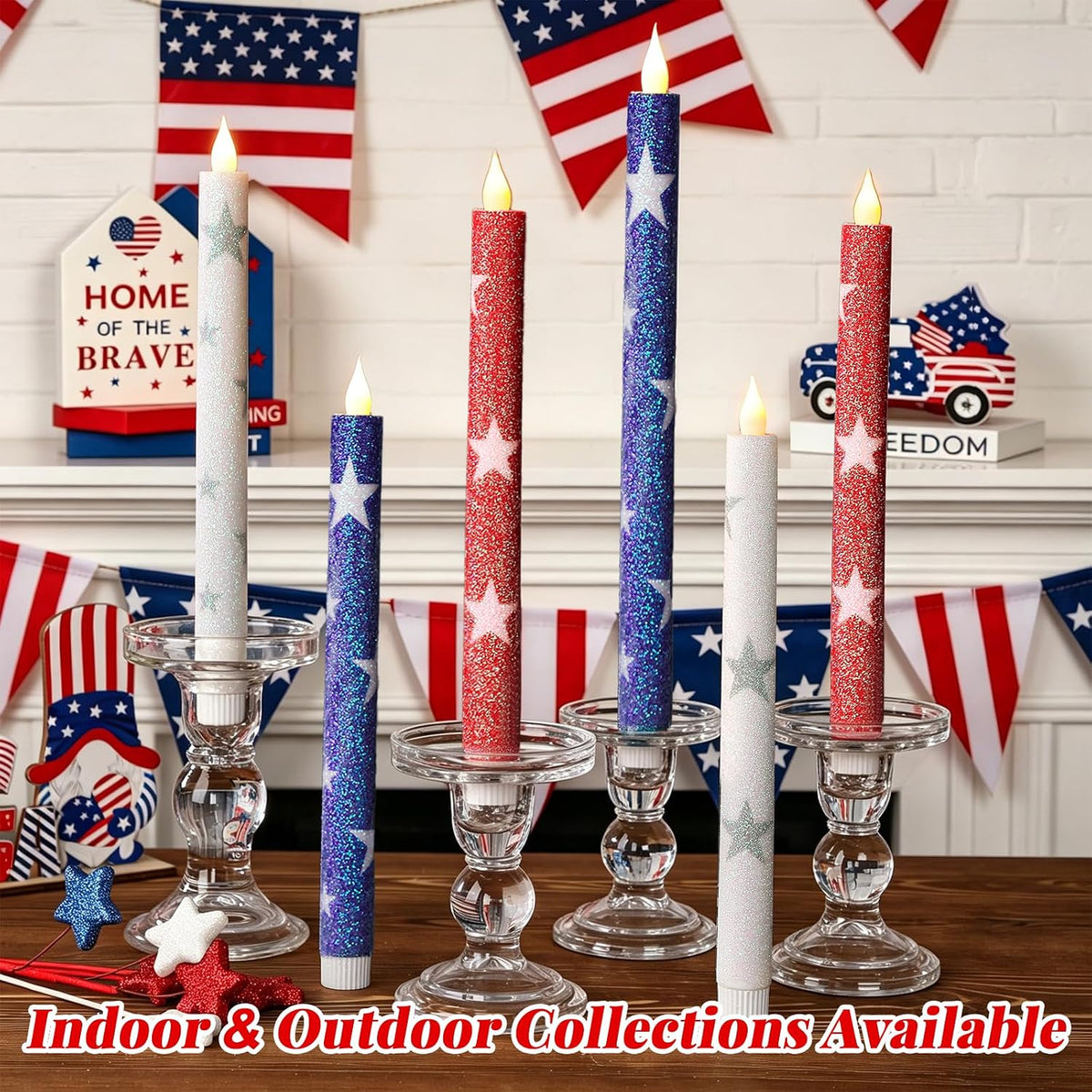 6 Pcs Patriotic Flameless Taper Candles, Glitter Red White and Blue Star Candles for 4th of July 250th Anniversary of Independence Day Home Party Decor, Battery Operated LED Candlesticks