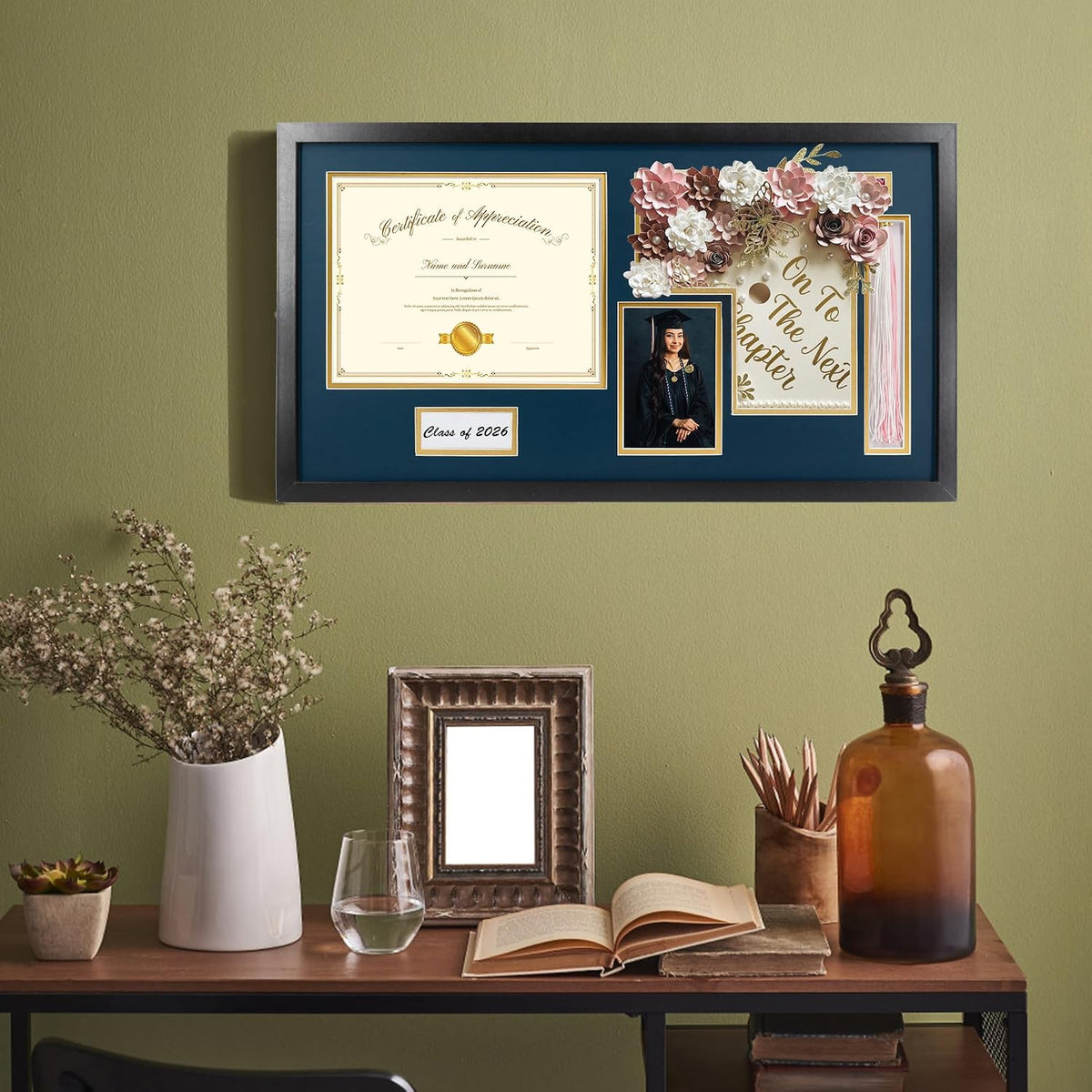 14x26 Black Shadow Box Diploma Frame with Graduation Cap & Tassel Holder for 8.5x11 Diploma and 4x6 Photo with MDF Wood and Plexiglass, Navy Over Gold Mat for Wall, Graduation Keepsakes