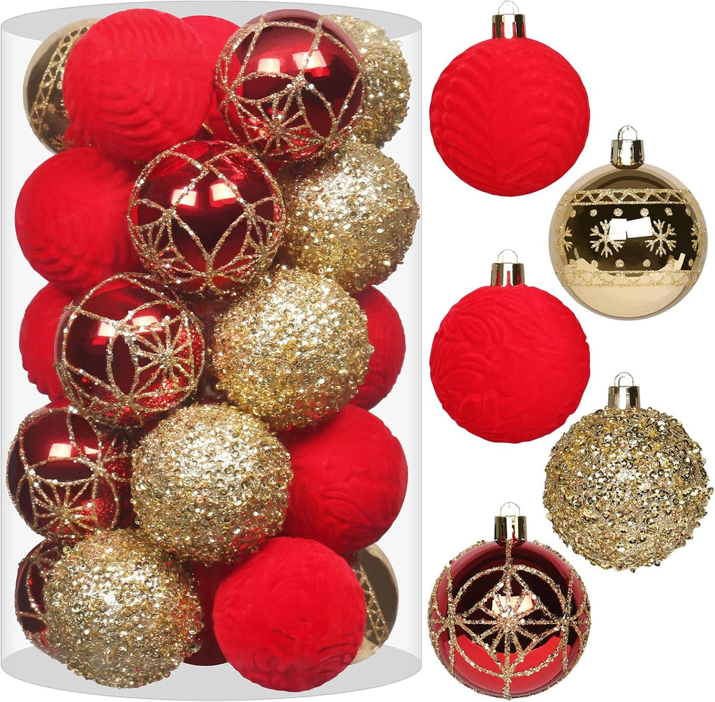 25PCS 2.36In Velvet Red/Gold Christmas Ball Tree Ornaments Decorations Set