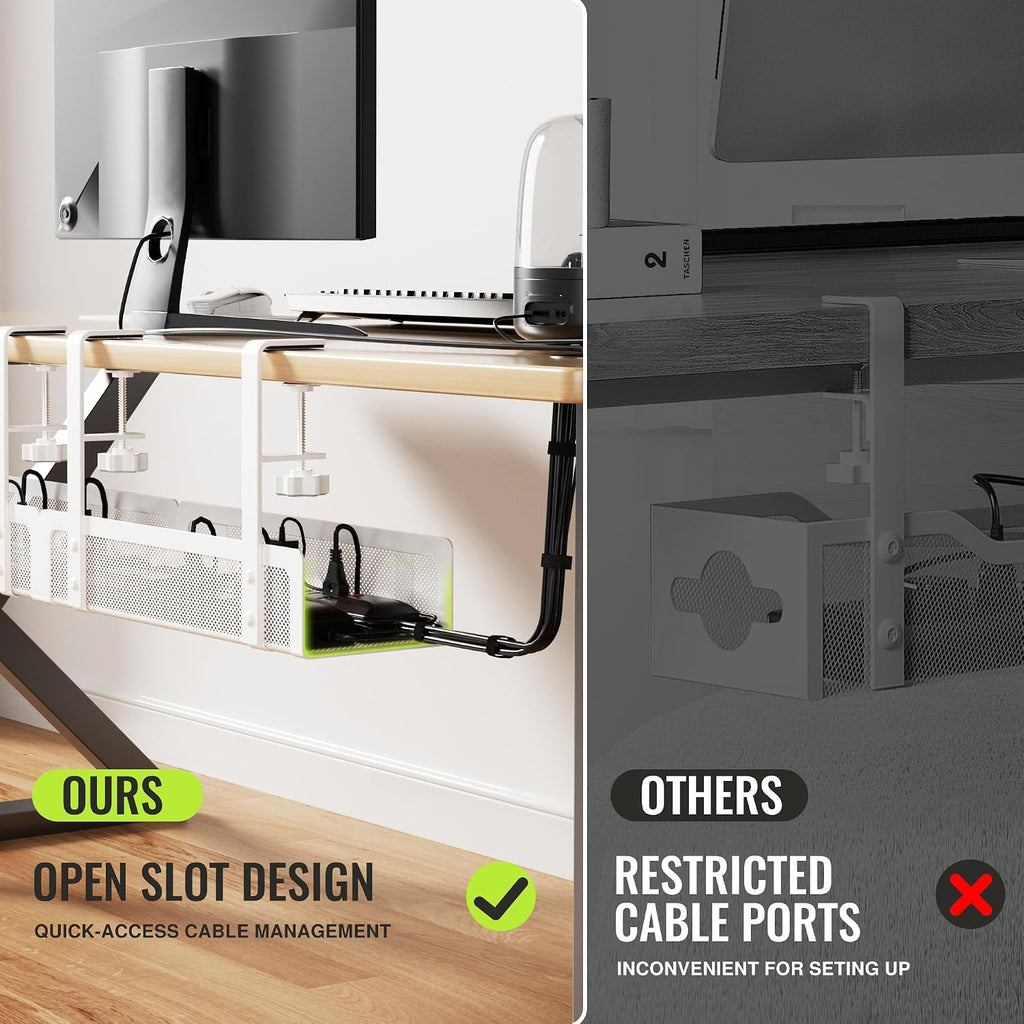 [Upgraded] 2 Pack Cable Management Under Desk Tray, Xpatee 27.6" No Drill Open Slots Cable Management Tray, Cord Wire Organizer Box with Clamp for Table Thickness up to 3" - No Desk Damage(White)