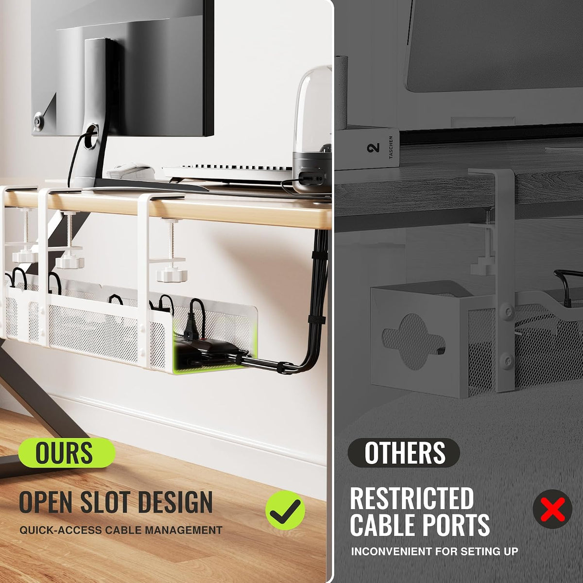 [Upgraded] 2 Pack Cable Management Under Desk Tray, Xpatee 27.6" No Drill Open Slots Cable Management Tray, Cord Wire Organizer Box with Clamp for Table Thickness up to 3" - No Desk Damage(White)