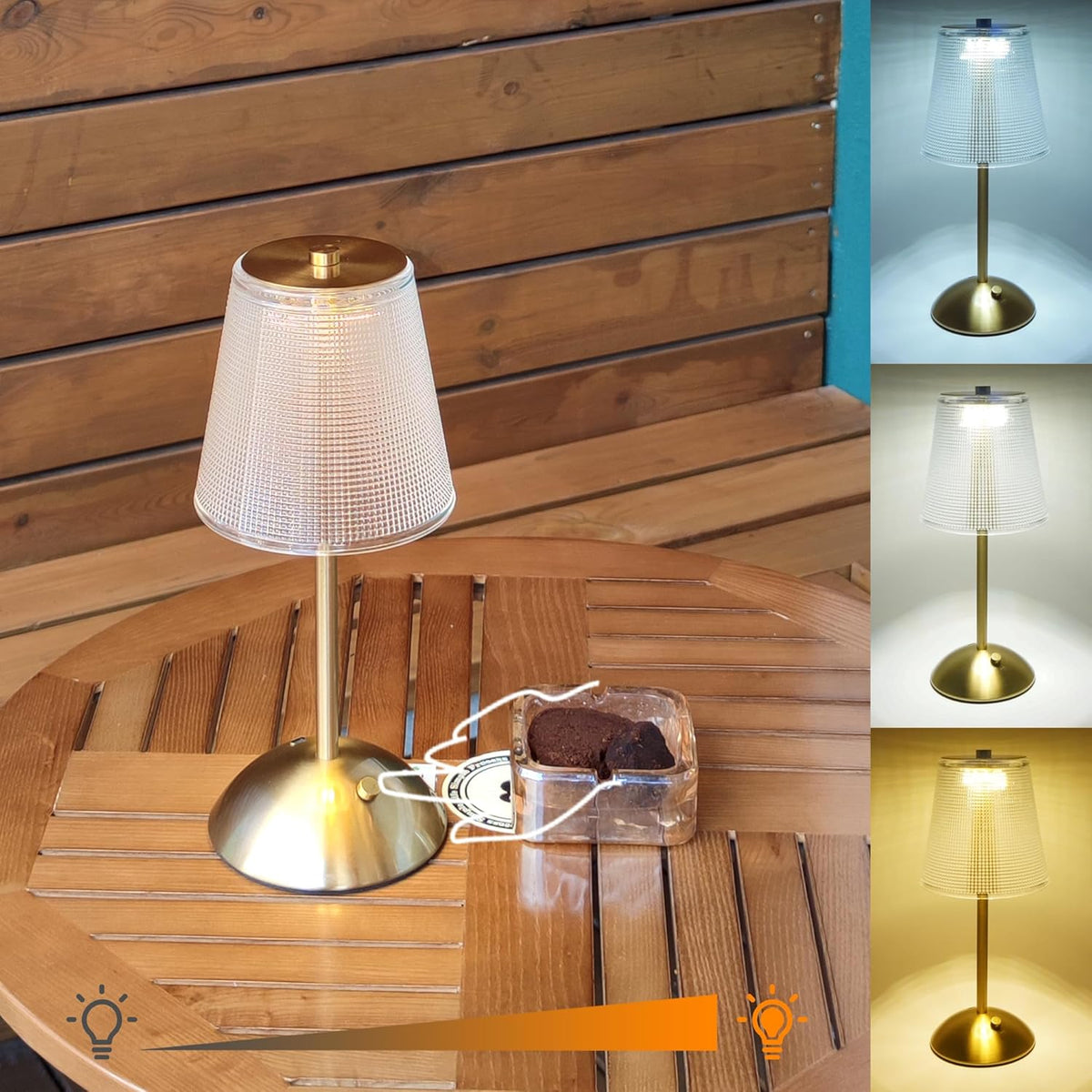 Cordless Rechargeable Metal Table Lamp, Cube Shade, Gold