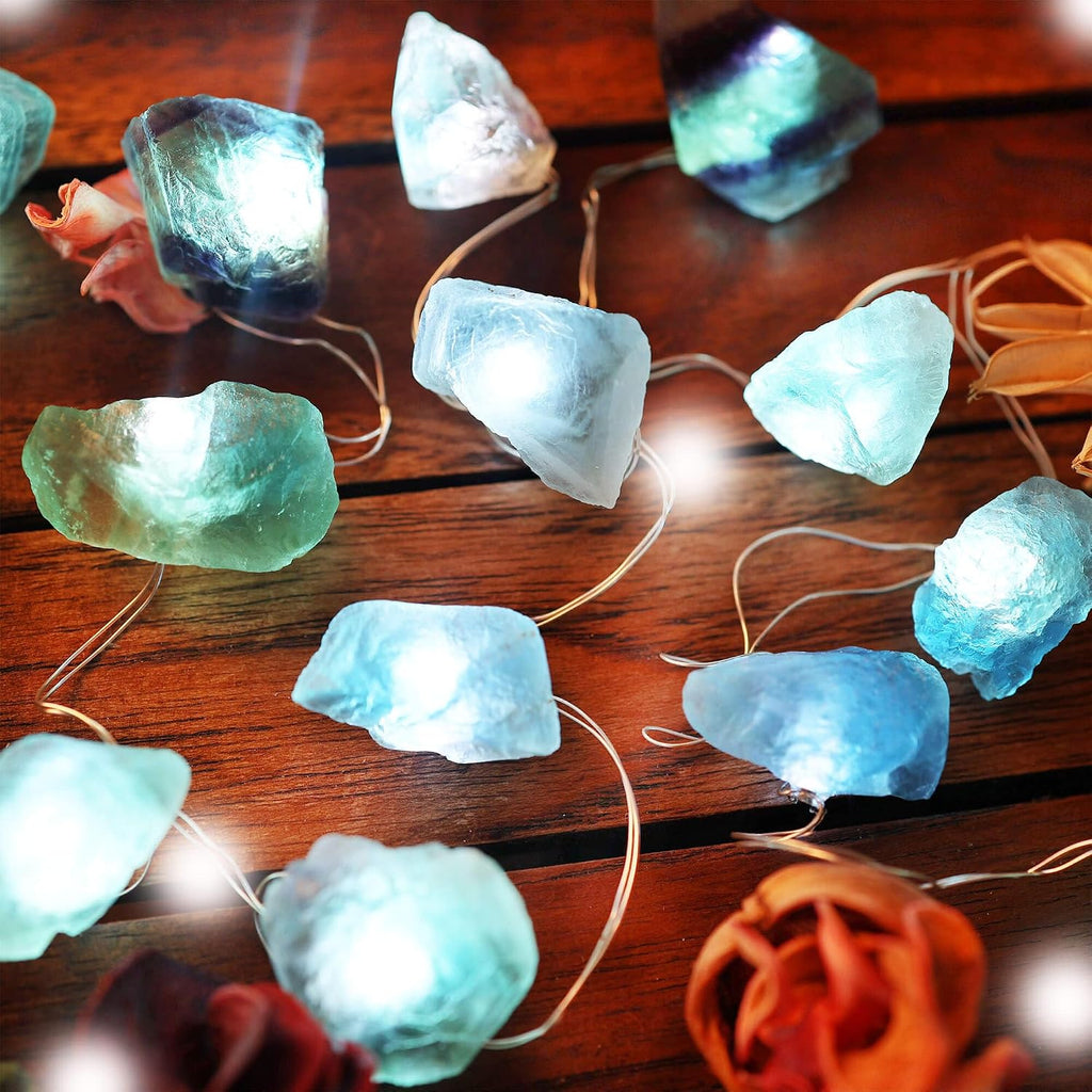Natural Fluorite Crystal String Lights Indoor Color Change Novelty Geode Fairy Decorative Lights 9ft 20 LEDs Battery Operated or USB Plug in for Bedroom Mood Accent Christmas Decoration
