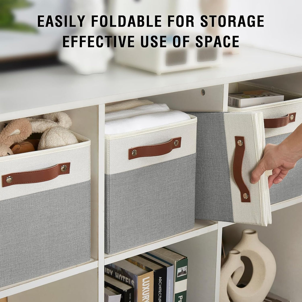 Bagnizer Collapsible Fabric Storage Cube Bins with 2 Reinforced PU Handles, Foldable Storage Organizer Baskets for Closet, Shelves, Living Room | 11"x11"x11", 4 Pack, Gray & White