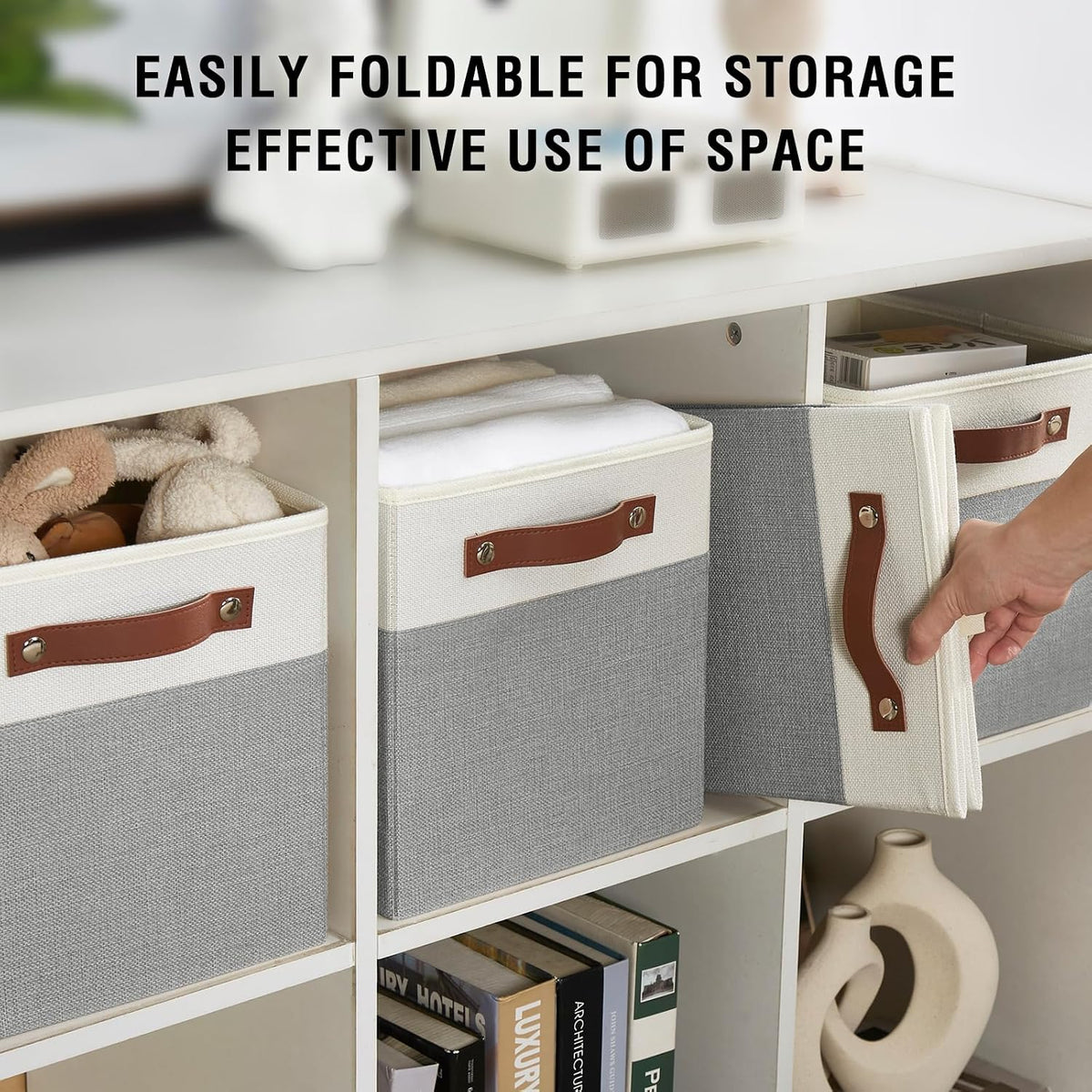 Bagnizer Collapsible Fabric Storage Cube Bins with 2 Reinforced PU Handles, Foldable Storage Organizer Baskets for Closet, Shelves, Living Room | 11"x11"x11", 4 Pack, Gray & White