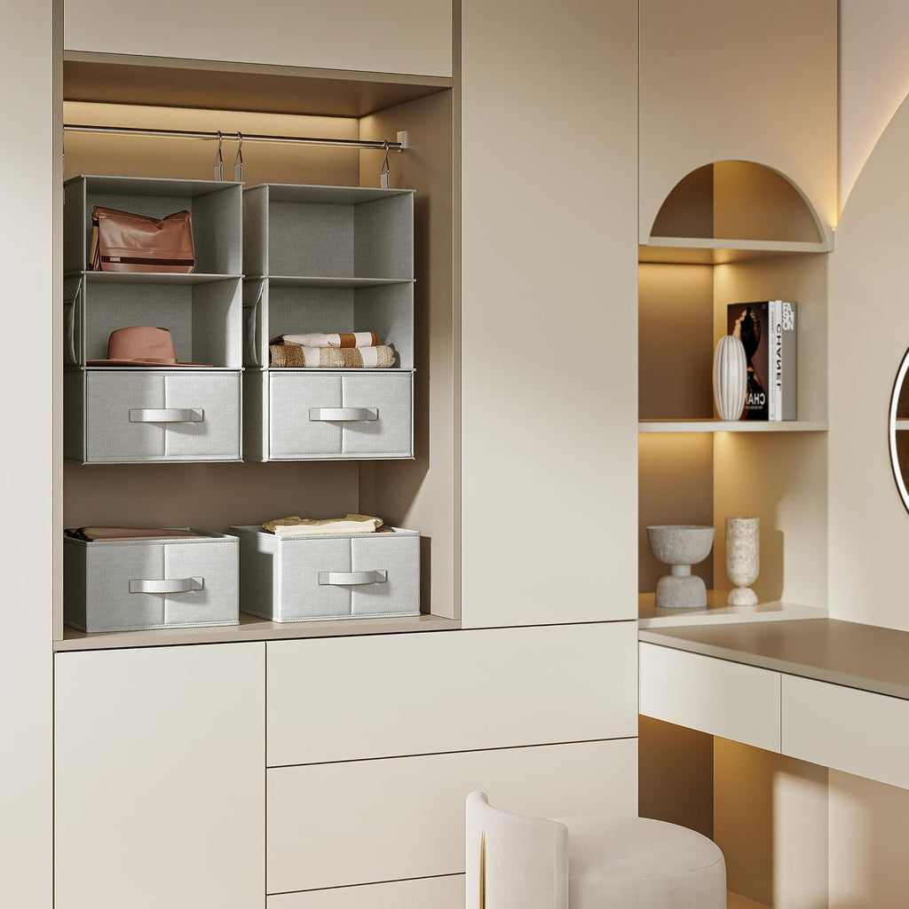 2 Pack 3-Shelf Hanging Closet Organizer with 2 Drawers, Silver Gray