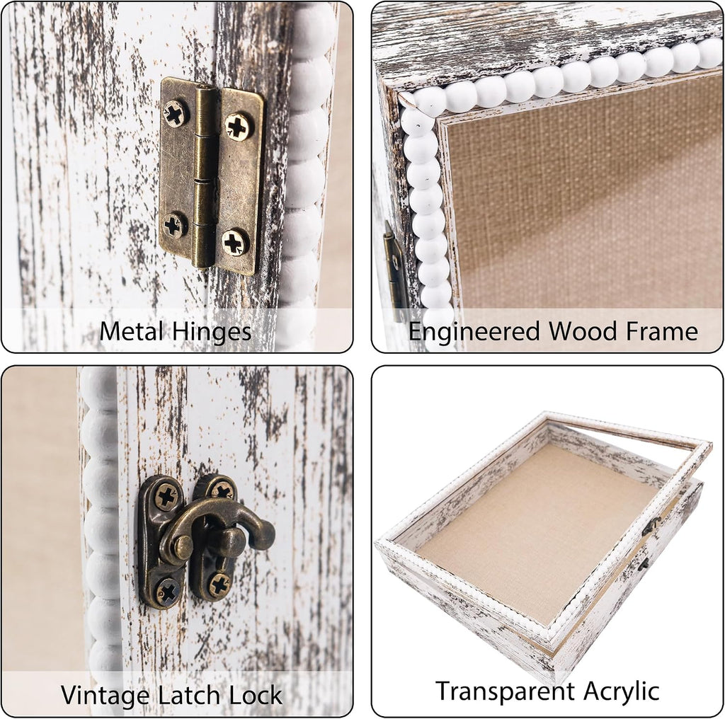 Beaded Shadow Box Frame 11x14, Rustic White Baby Keepsake Display Case