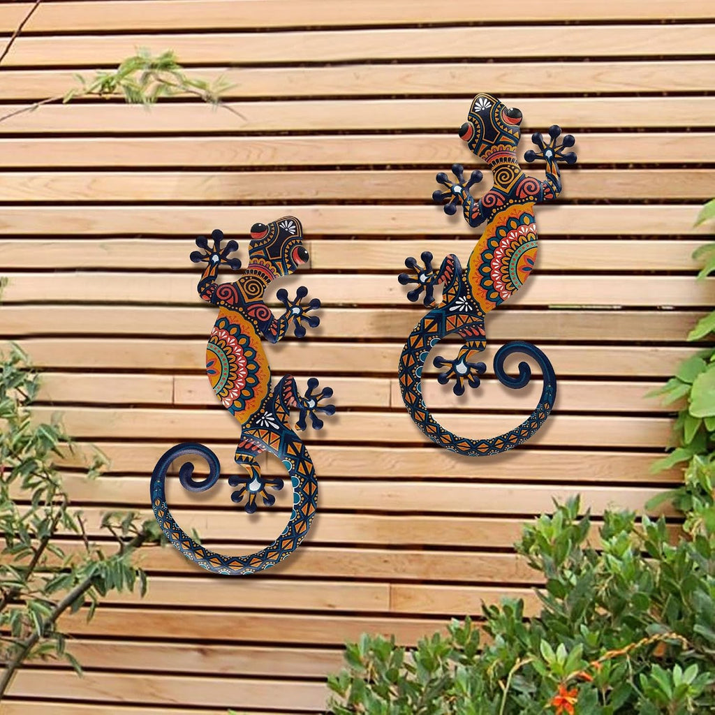 LIFFY Metal Lizard Gecko Wall Art - 2 Pack 15 Inch Metal Wall Decor, Lizard Outdoor Hanging Glass Sculpture Decoration for Yard Garden Art, Patio Fence Home, Unique Gift Ideas