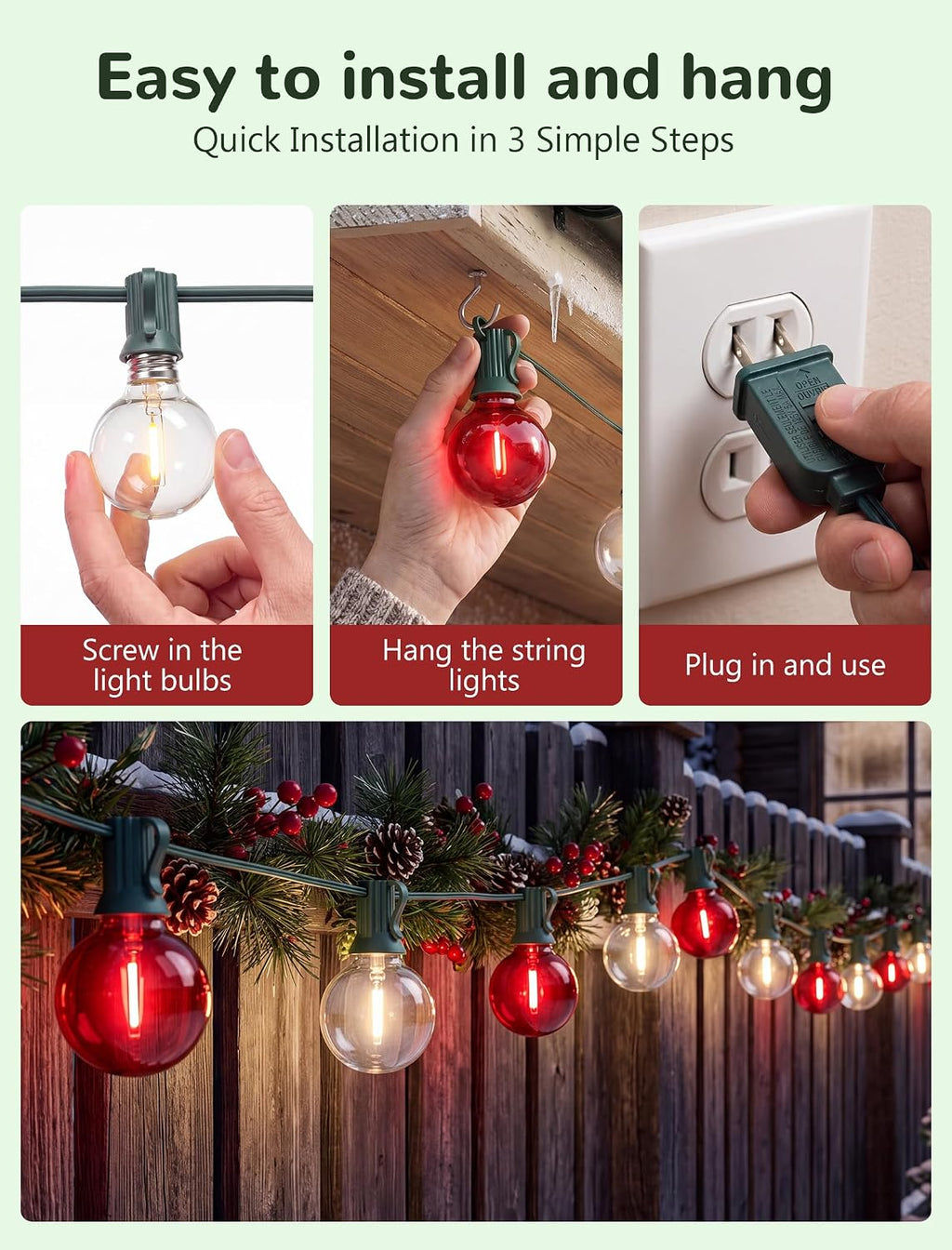 50FT LED G40 Red and White Christmas String Lights Outdoor, 27 Globe Bulbs