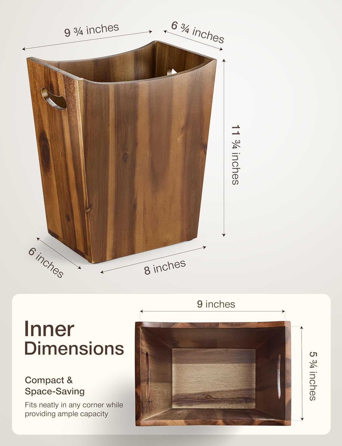 Tidita 2 Gallon Rectangular Wastebasket with Built-in Handles, Walnut Color