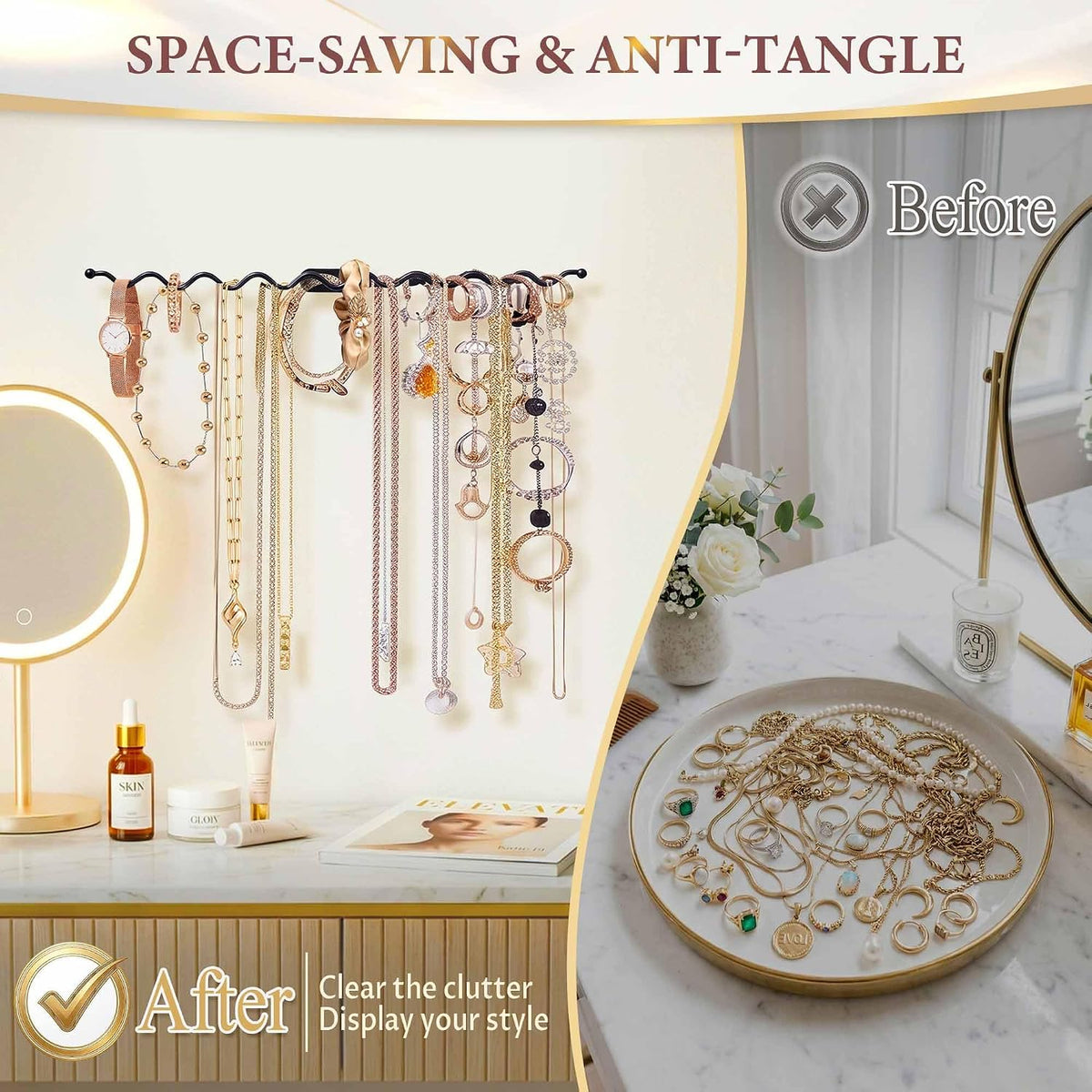 Jewelry Wall Mounted Organizer: 16" Wavy Necklace Storage for Apartment