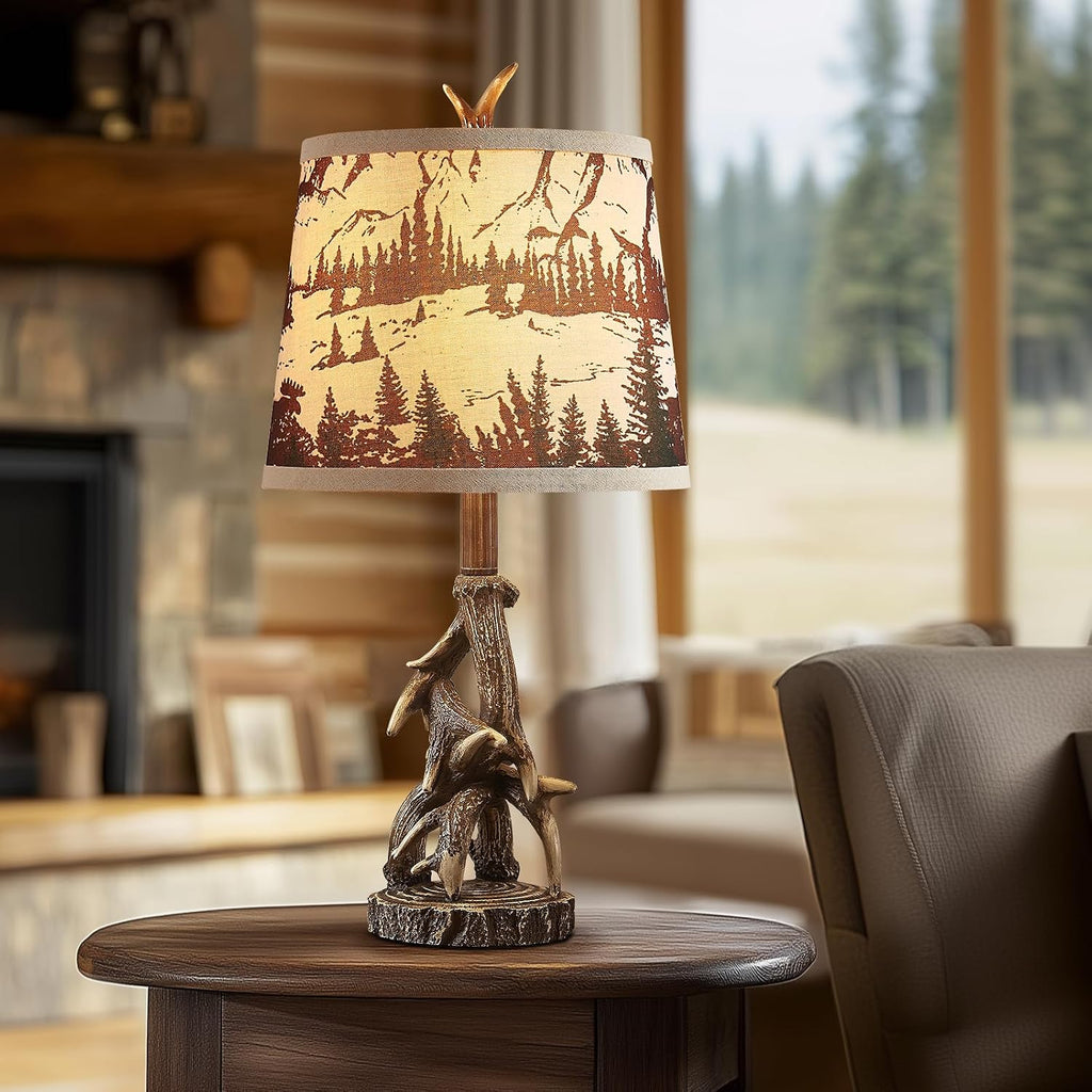 23'' Rustic Deer Antler Table Lamps Set of 2 for Log Cabin Bedroom Nightstand Western Country Side Lamp for Living Room End Table Study Room Desk, Brown, Forest Print Shade