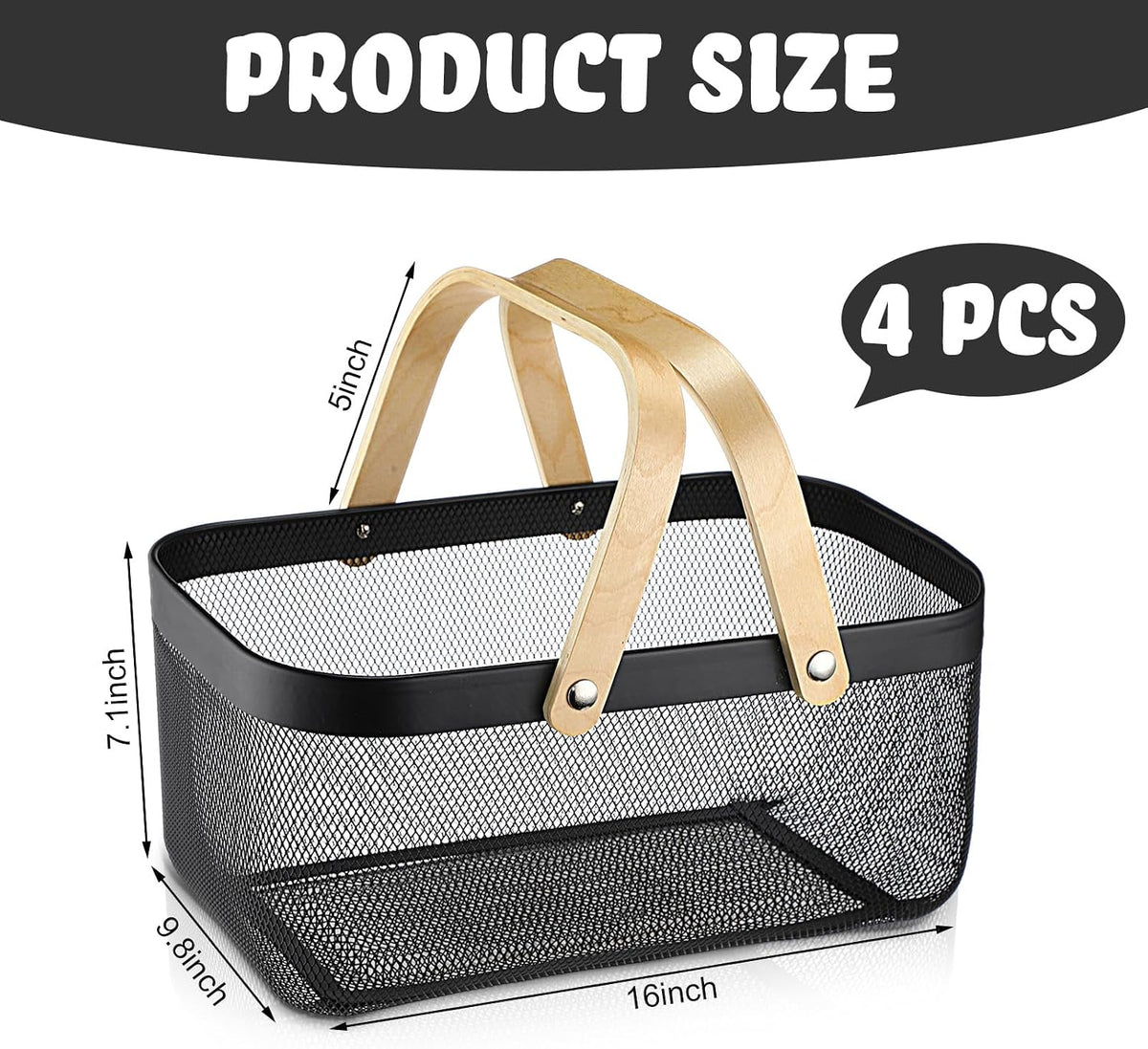 Sadnyy 4 Pcs Black Metal Wire Storage Basket with Handle Mesh Harvest Durable Vegetables Fruit Toy Basket for Garden Organizing, Kitchen, Countertop, Closet, Bedroom (16 x 9.8 x 7.1 Inch)