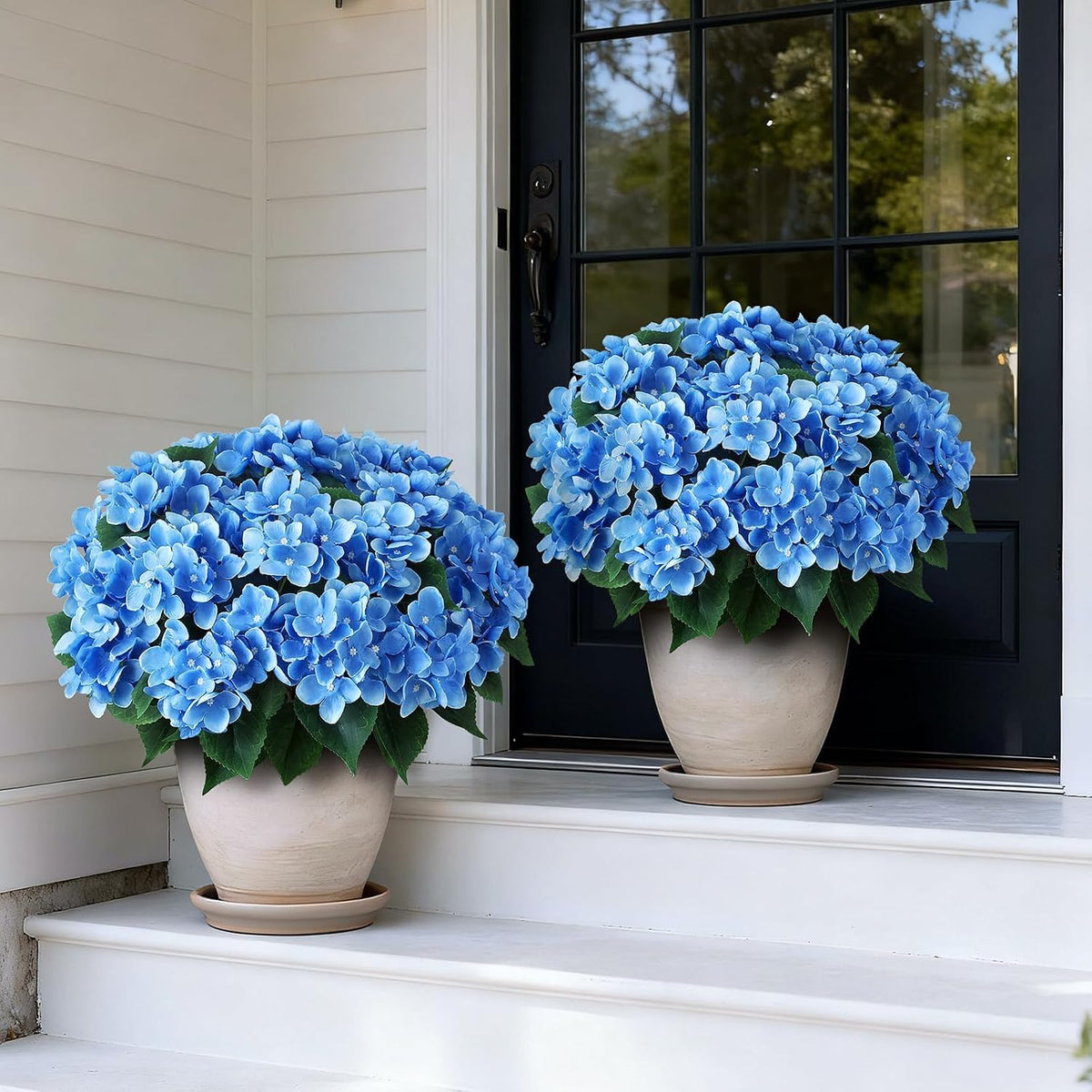 2 Sets Artificial Hydrangea Flower Topiary Ball Trees for Porch (Blue)